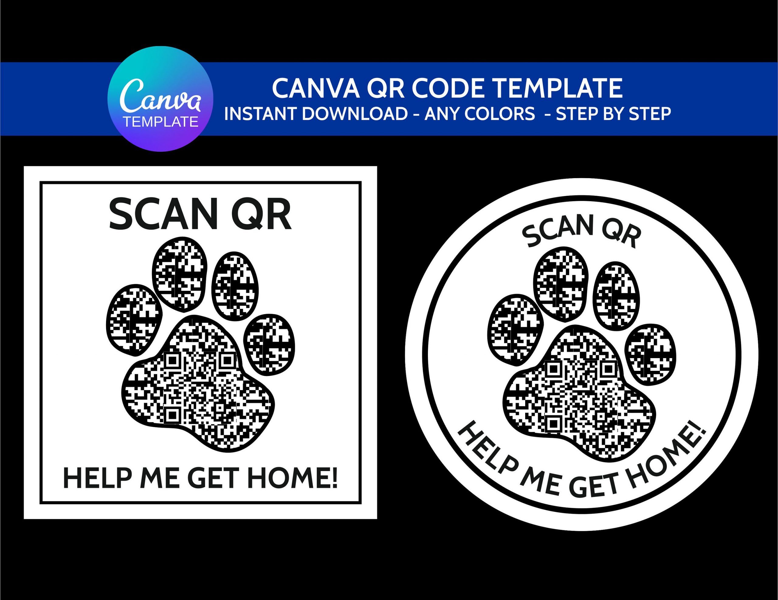 Pet QR Code Paw Dog Tags Canva Template – Instant Digital Download