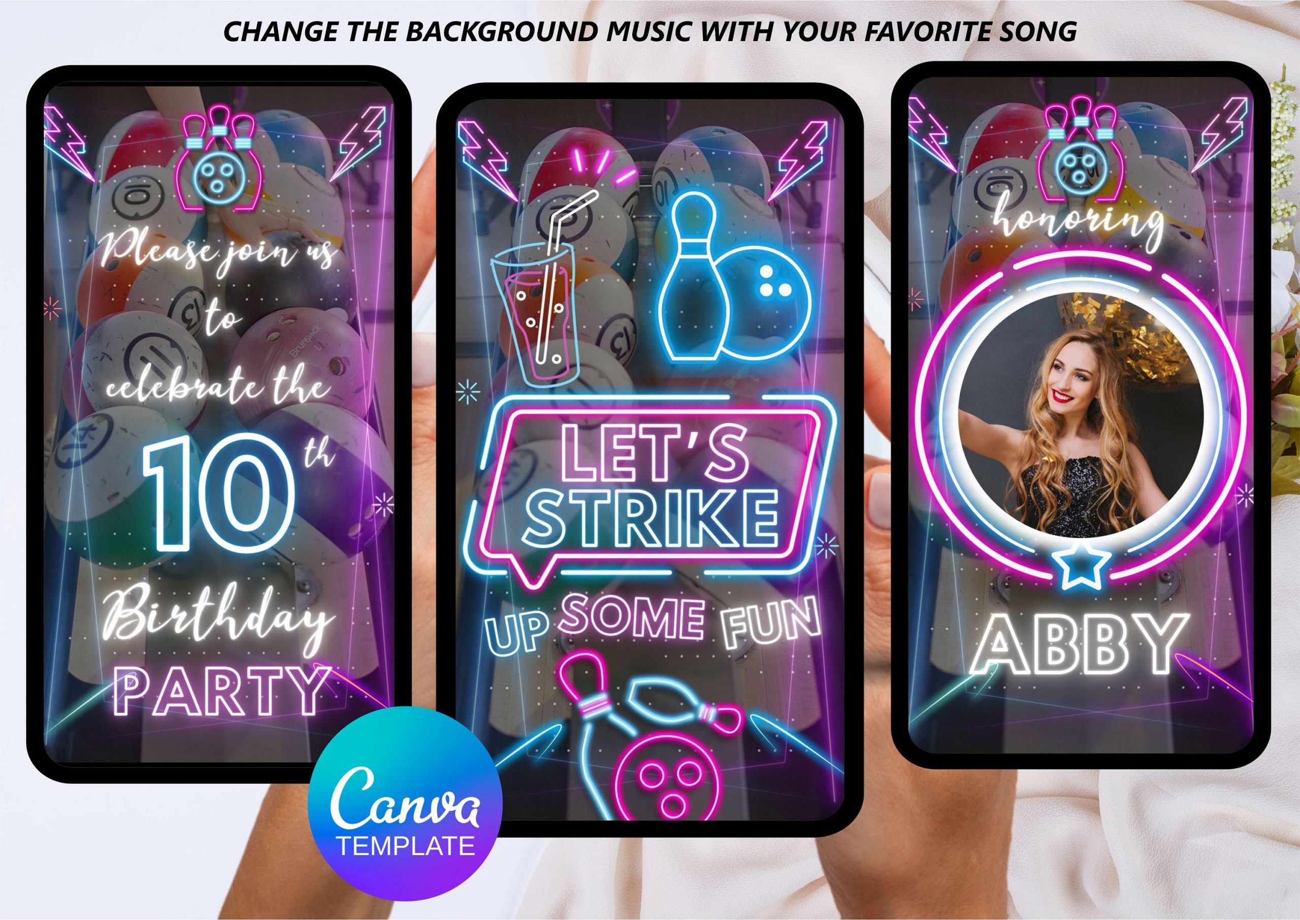 Glow Bowling Party Invitation, Let’s Strike Up Some Fun Retro Neon Lights Party, Editable Video Evite Canva Template for Girl or Boy Any Age – Instant Digital Download