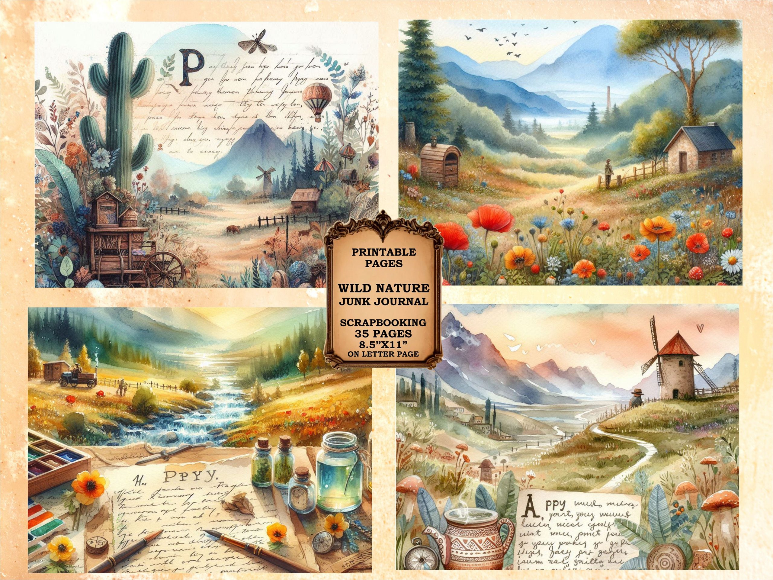 35 printable Wild Nature themed PAGES, Printable Watercolor Bohemian Junk Journal Open Field scrapbooking paper 8.5″ x 11″ inches background – Instant Digital Download