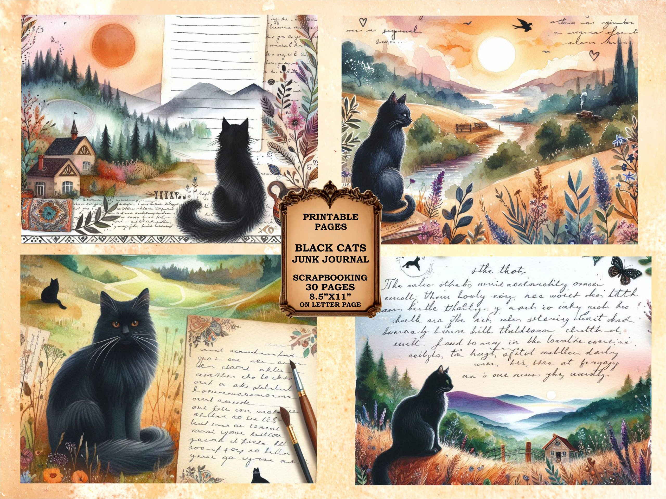 30 printable BLACK CATS themed PAGES for Printable Junk journal, Black Kitten scrapbooking paper Collaged cozy background 8.5”x11” inches – Instant Digital Download