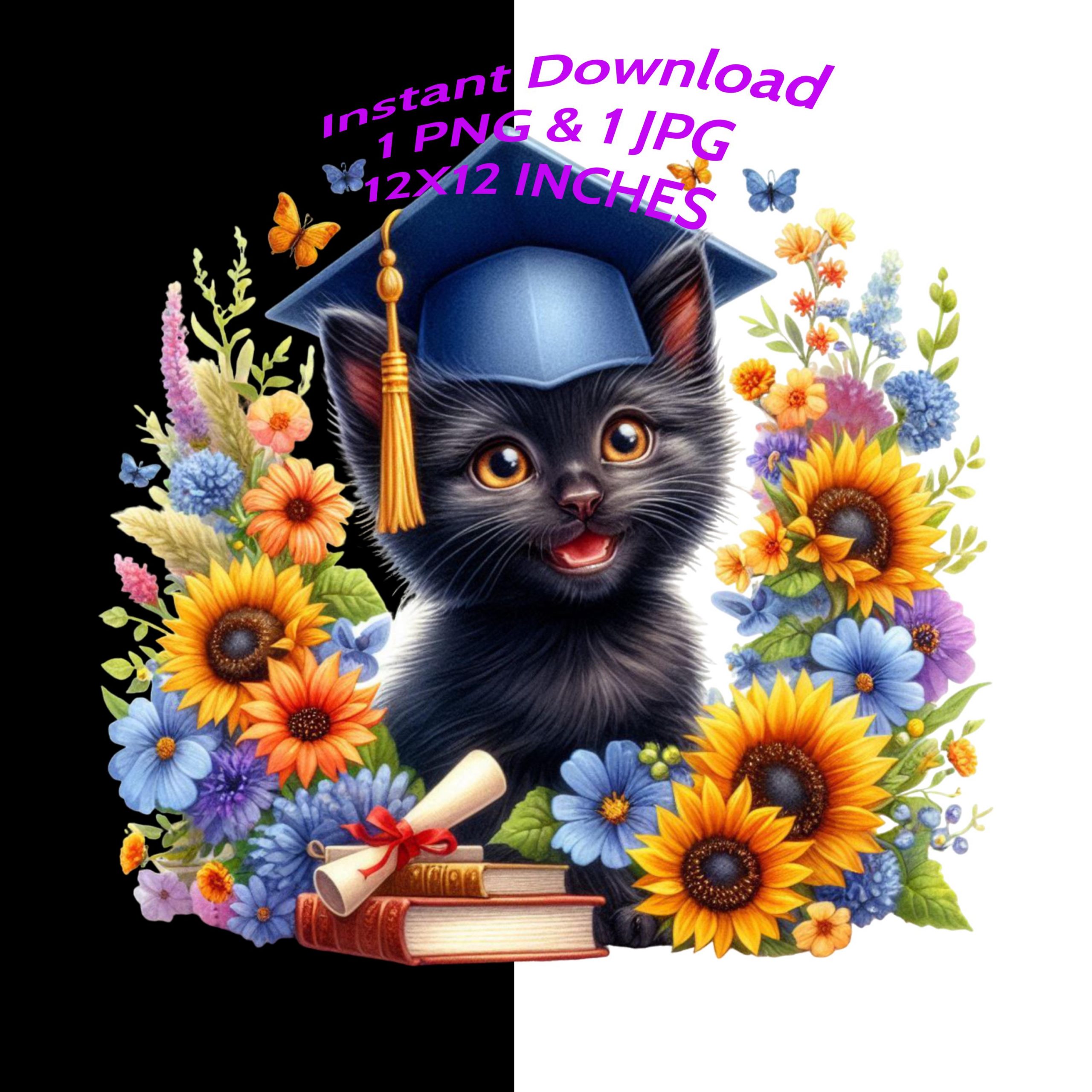 Graduation Black Cat Clipart Grad Student | Kitten PNG College Graduate Sublimation | Baby Kit & Cap, Gold Tassel, Sunflowers Commercial Use – Instant Digital Download