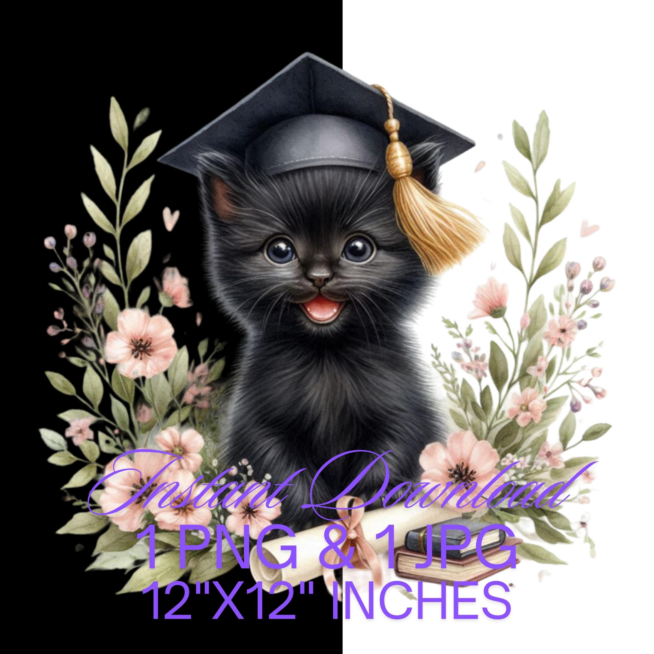 Graduation Black Cat Clipart Grad Student | Kitten PNG College Graduate Sublimation | Kit & Cap, Gold Tassel, Pink Flowers Commercial Use – Instant Digital Download