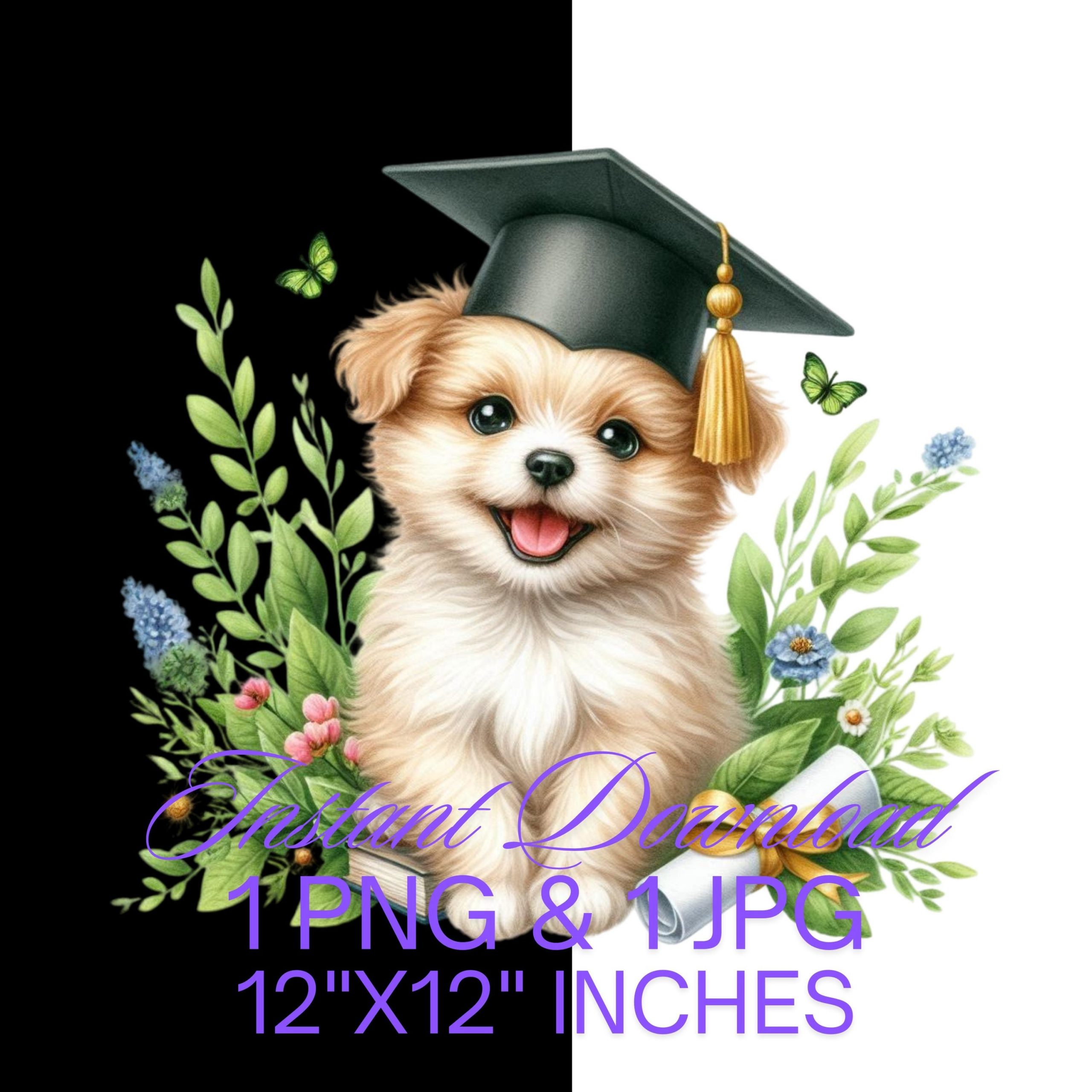 Graduation Cream Puppy Clipart Grad Student | Dog PNG College Graduate Sublimation | Doggy & Cap, Gold Tassel, Green Flowers Commercial Use – Instant Digital Download
