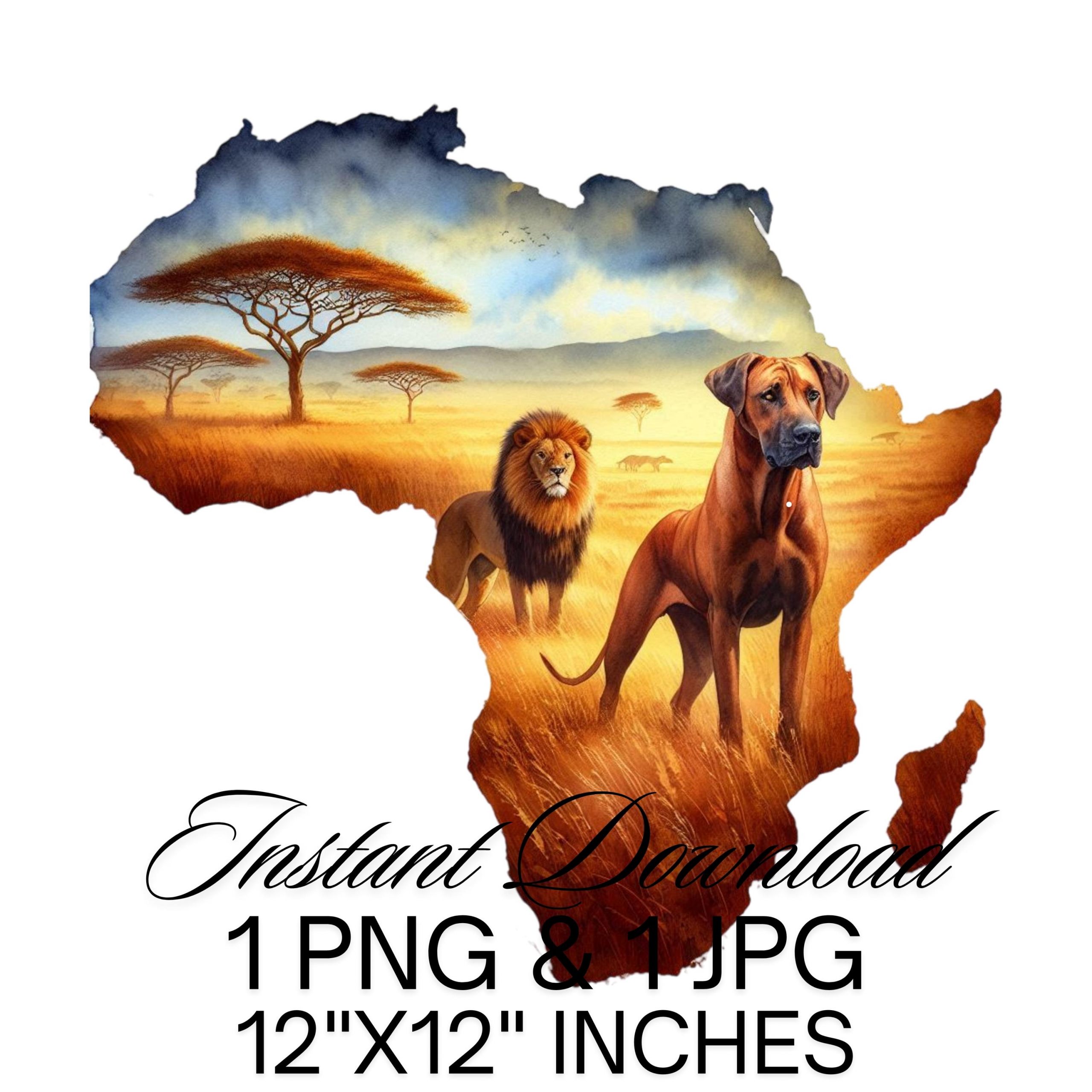 African Lion and Rhodesian Ridgeback Dog in African Savanna PNG Sublimation | Jungle Clipart | Africa Map Digital Download | Commercial Use – Instant Digital Download
