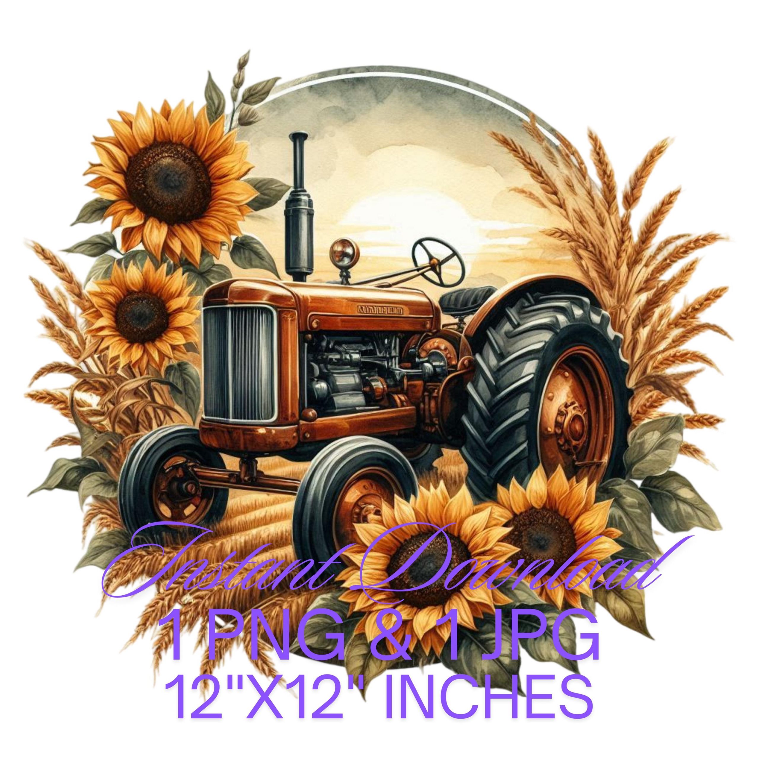 Old Farm Tractor Wall Art PNG  | Watercolor  Ears of Wheat, Orange Sunflowers and Tractor Clipart | Commercial Use |  Farming Vehicles PNG – Instant Digital Download