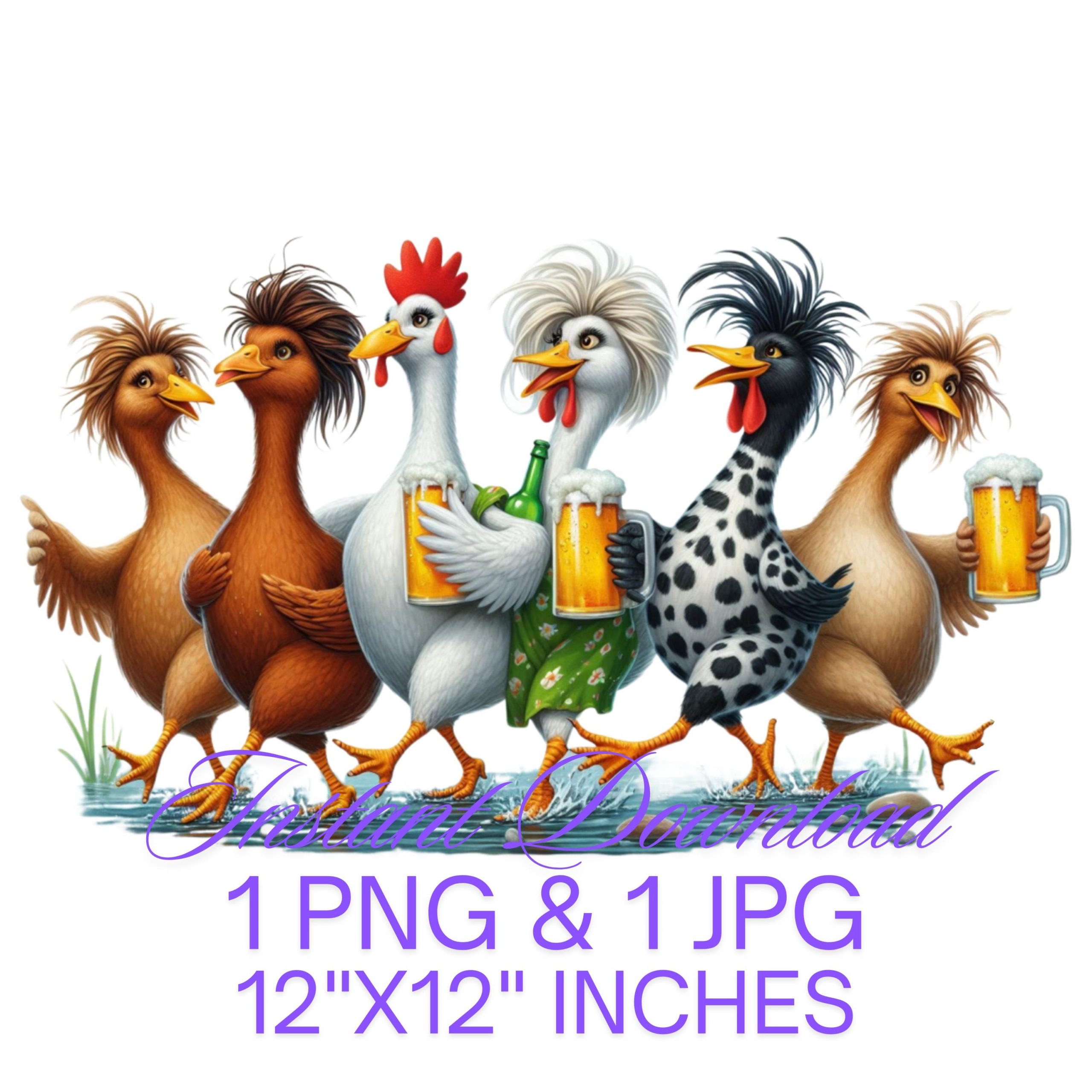 Funny Hens PNG | Cute Hens Dink Beer PNG Sublimation | Six Crazy Hens Party | Commercial Use | Chicken Chicks Farm Life | Digital Download – Instant Digital Download