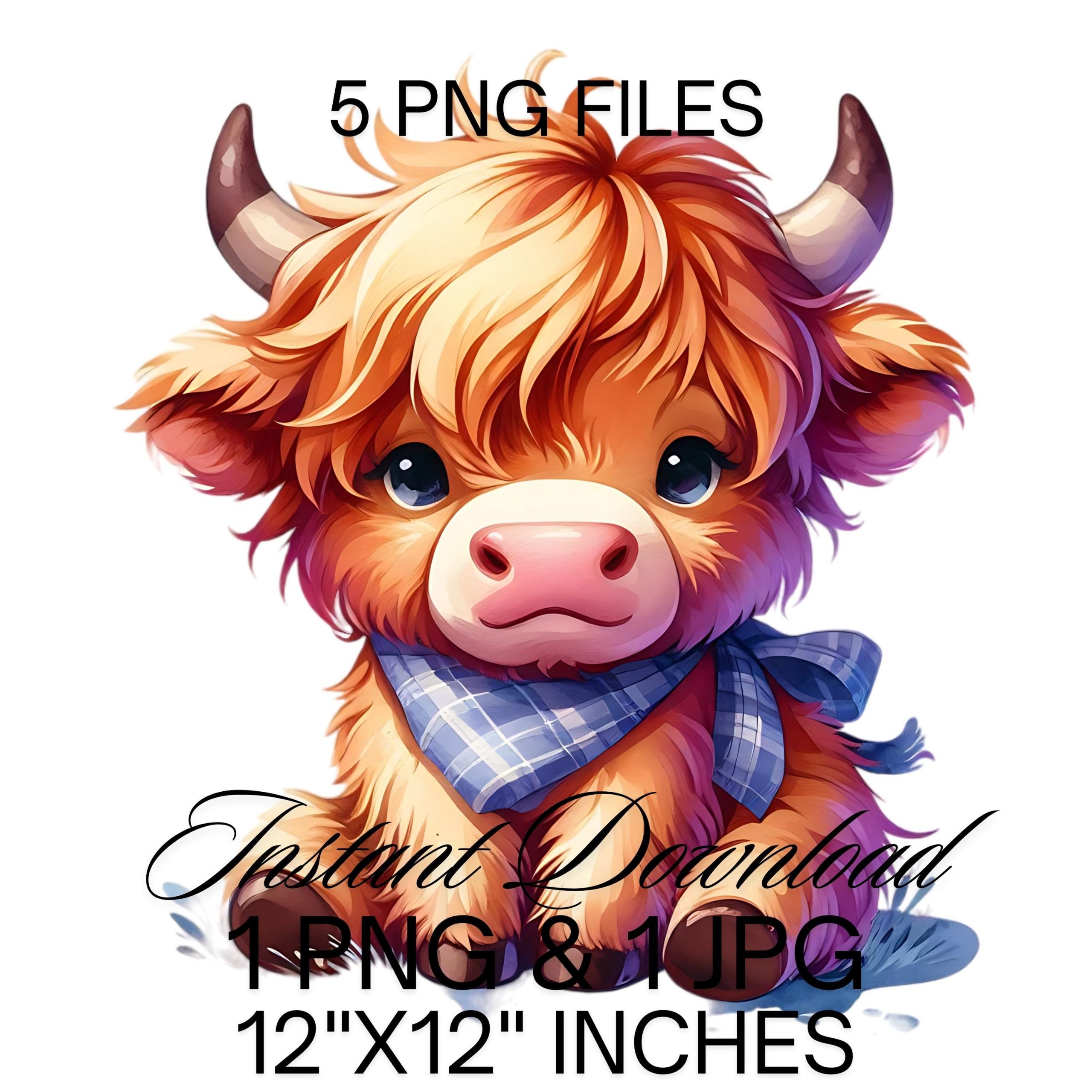 Highland Cow Watercolor Clipart | 5 Cute Highland Cow Funny Baby Cow PNG Commercial Use | Scottish Cow Graphic Design Illustration Print PNG – Instant Digital Download