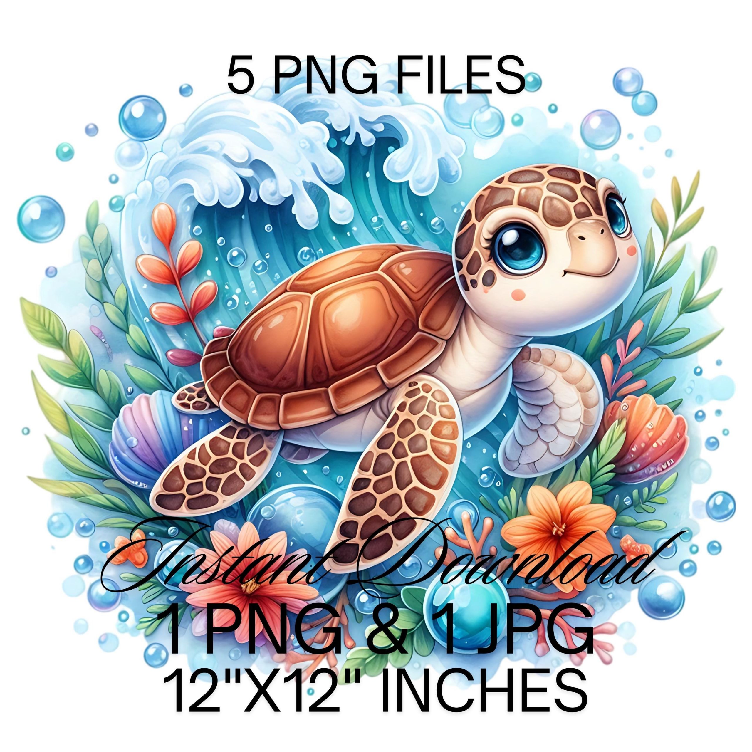 Sea Turtle | 5 Cute Sea Turtle Clipart | Ocean Animals PNG | Sea Turtle Water Bubbles Flowers Sublimation | Sea Turtle PNG Commercial Use – Instant Digital Download