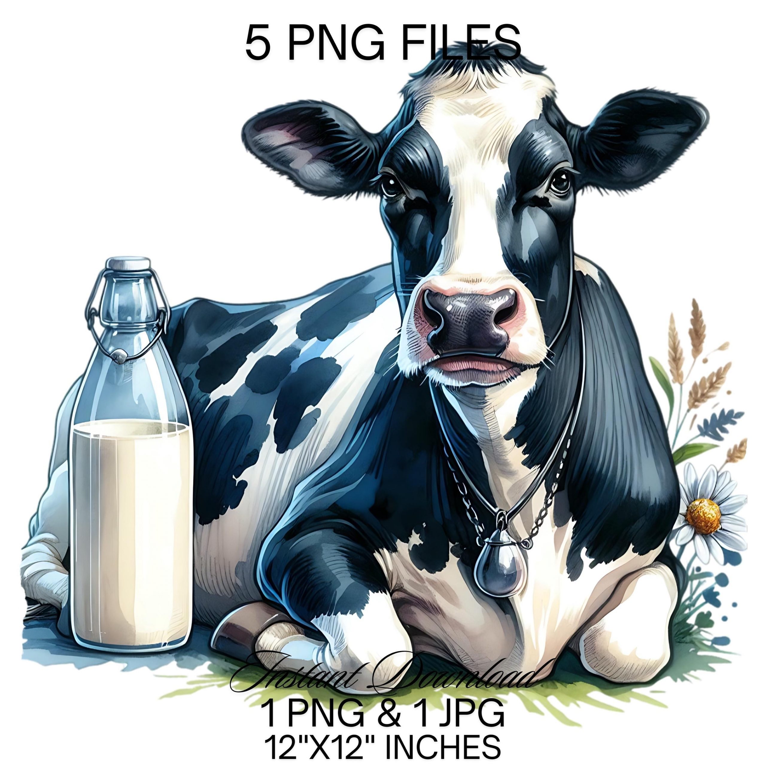 Dairy Milk Cow Clipart PNG | Watercolor Highland Black & White Cow Commercial Use | Farm Milk Cow Graphic Dairy Cattle Design Illustration – Instant Digital Download