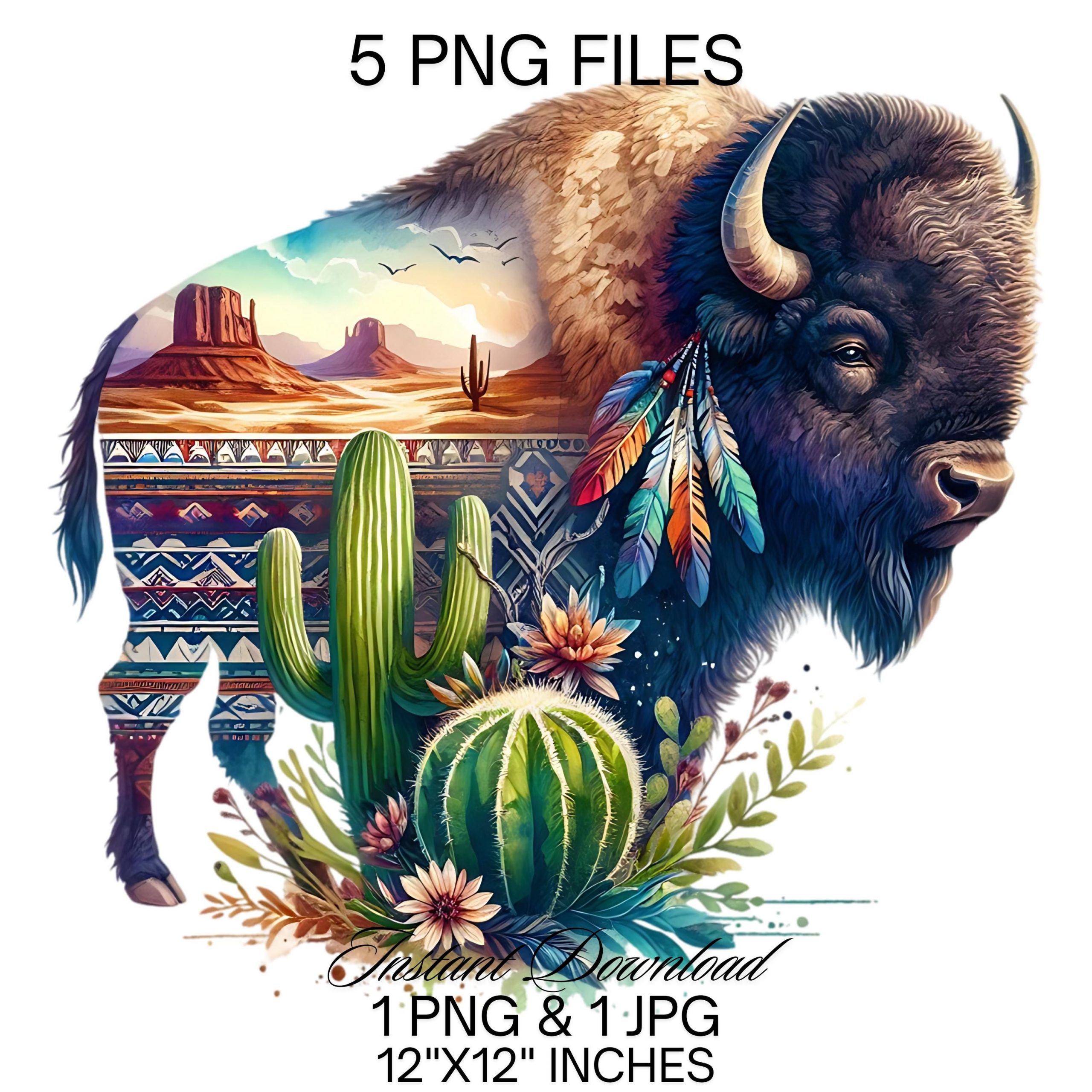 American SouthWest Bison Clipart PNG | 5 Watercolor Western Bison PNG Bundle | Wildlife Bison Cactus Art 12×12 inches 300DPI Commercial Use – Instant Digital Download