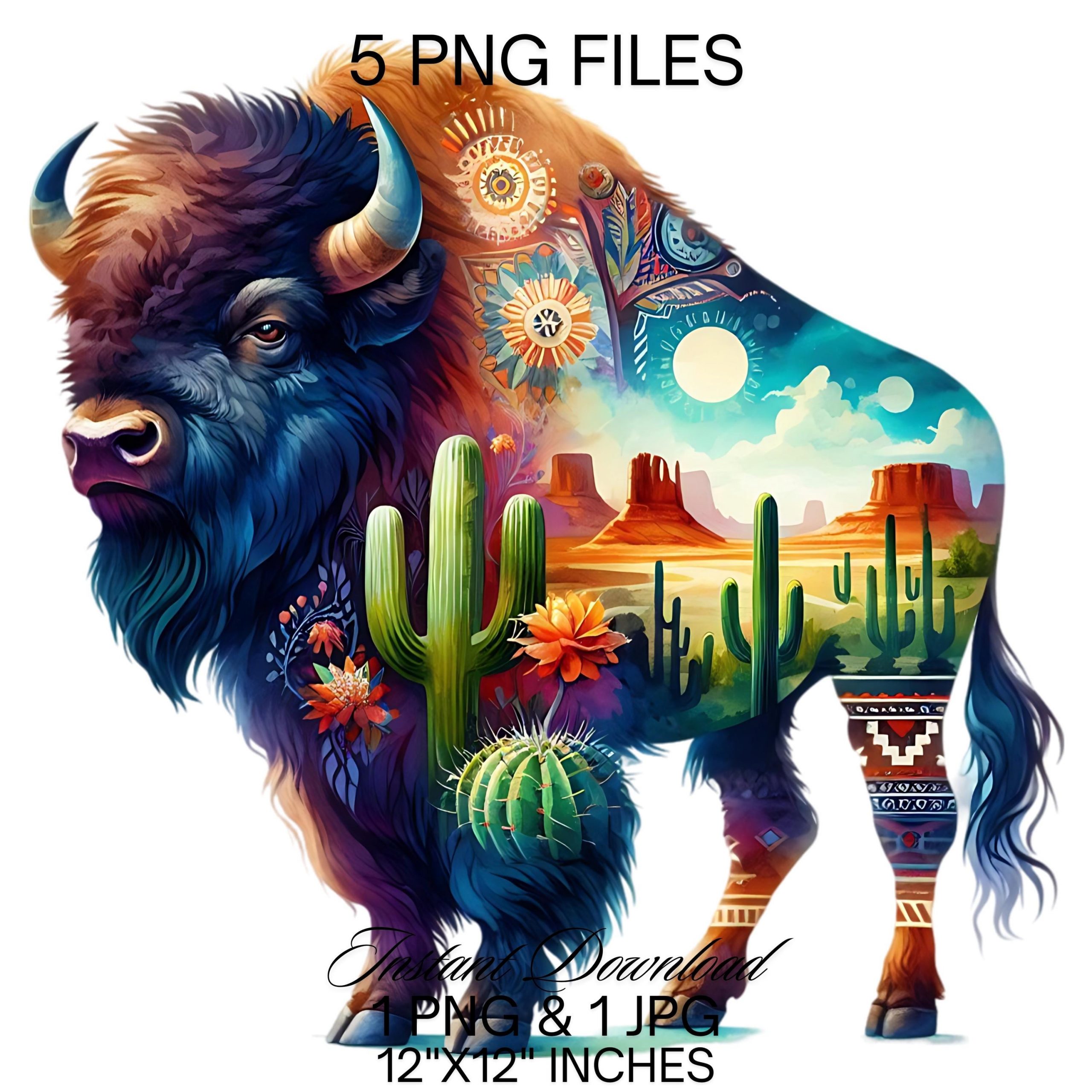 American Western Bison Clipart | 5 PNG 5 JPG | Watercolor Southwest Buffalo with Cactus | Rustic Wildlife | 12″x12″ 300DPI | Commercial Use – Instant Digital Download