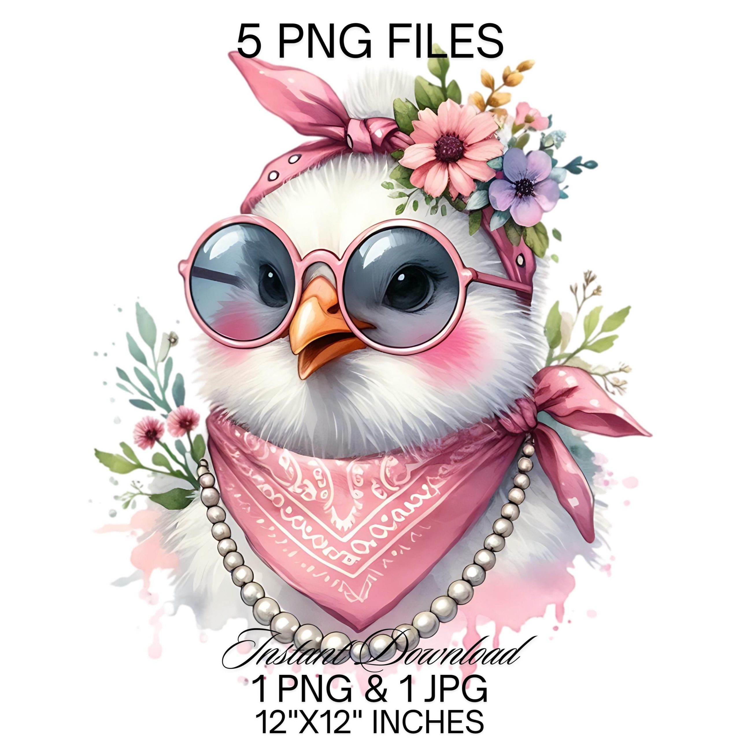 Funny Chicken PNG Clipart | Cute Crazy Hen Sublimation | Chicken Chick Wearing Pink Red Sunglasses, Scarf Pearls | Farm Life Commercial Use – Instant Digital Download