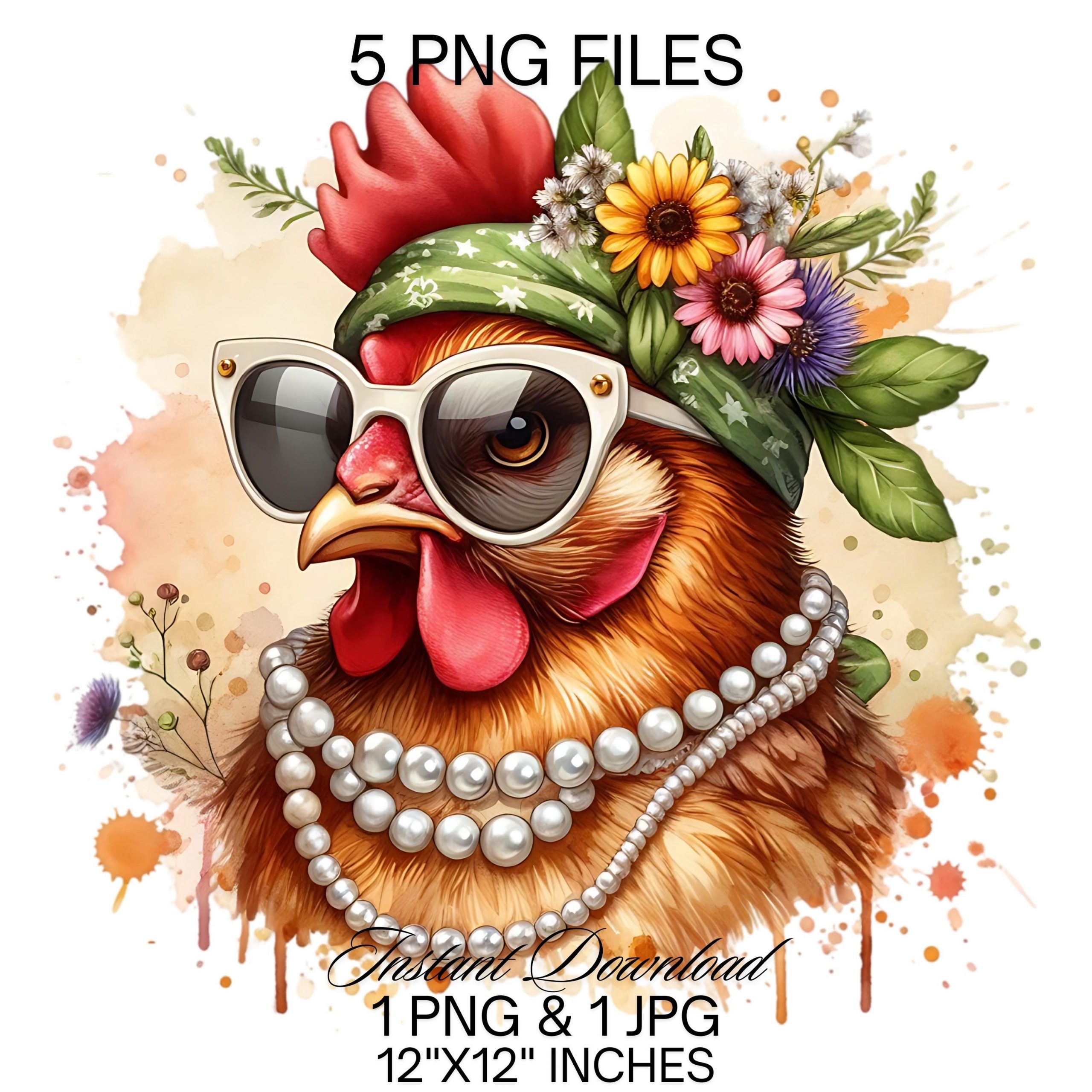 Funny Crazy Chicken PNG Clipart | Cute Speckled Hen Sublimation | Farm Speckled Chicken Chick wearing Sunglasses Scarf Pearls Commercial Use – Instant Digital Download