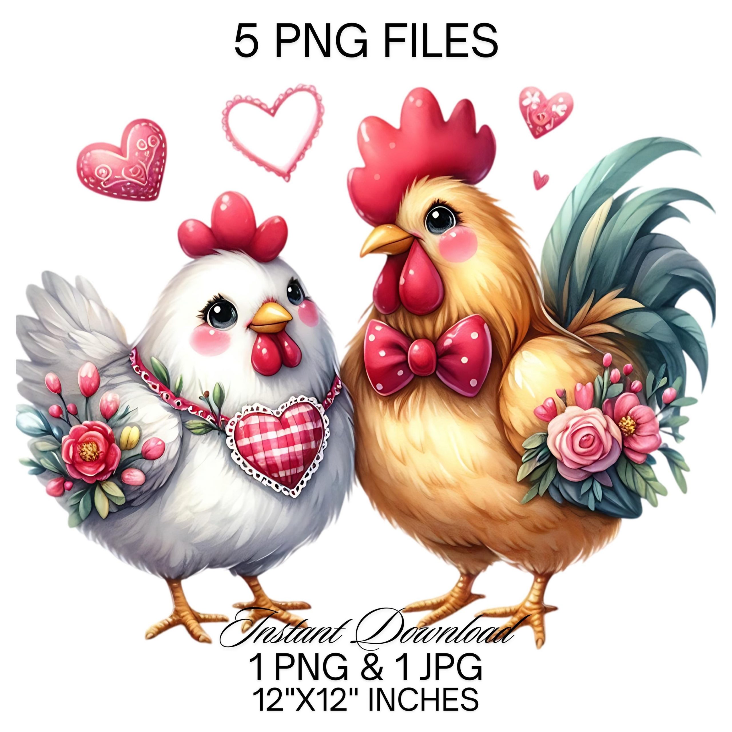 Valentine’s Day Farm Chickens PNG Clipart | Hen & Rooster PNG | Chicken in Love Sublimation | Love Birds | Farm Life Couples Commercial Use – Instant Digital Download