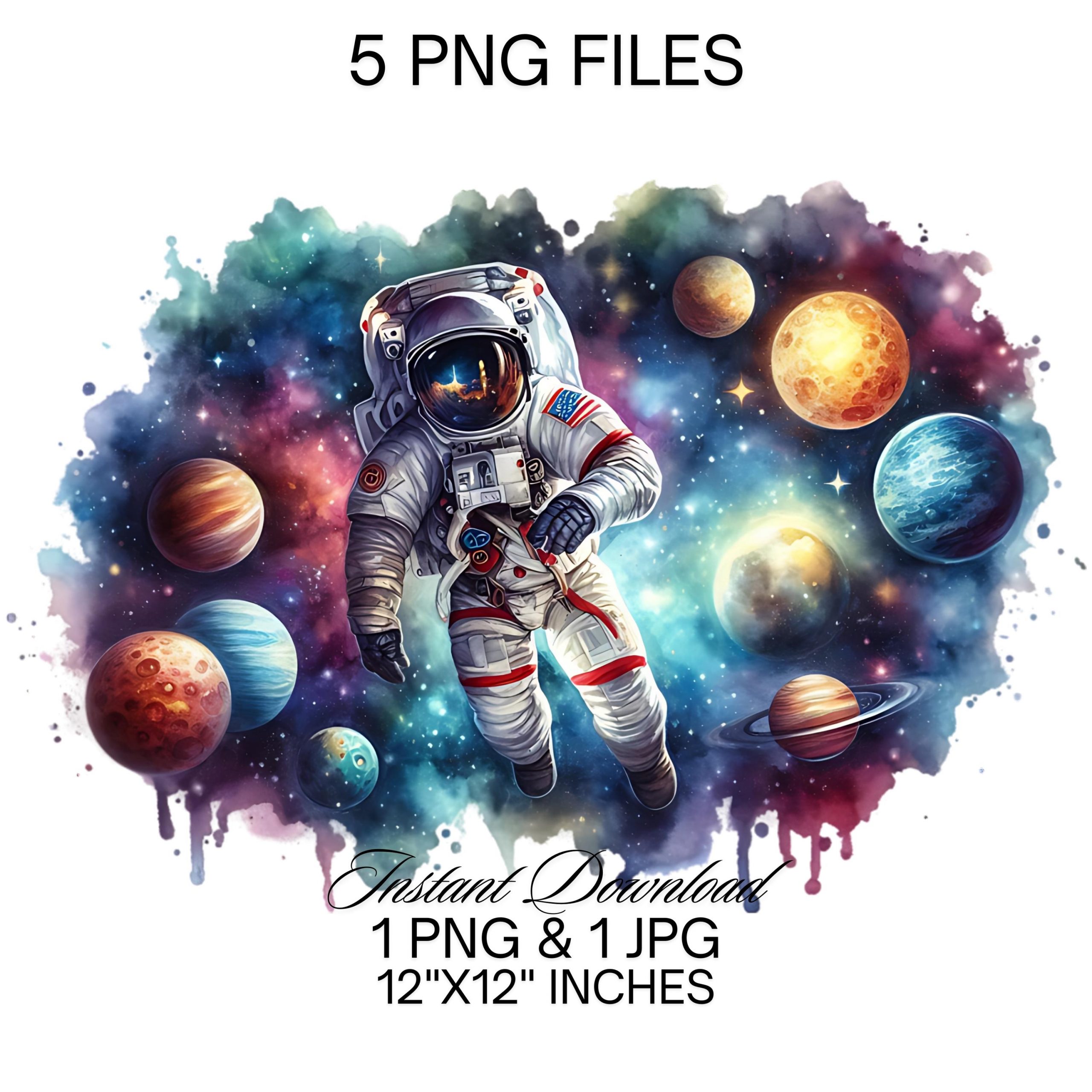 Space Astronaut Watercolor Clipart PNG | 5 Outer Space Planets Astronaut PNG | Galaxy Stars Moon Sun Astronaut Illustration Commercial Use – Instant Digital Download