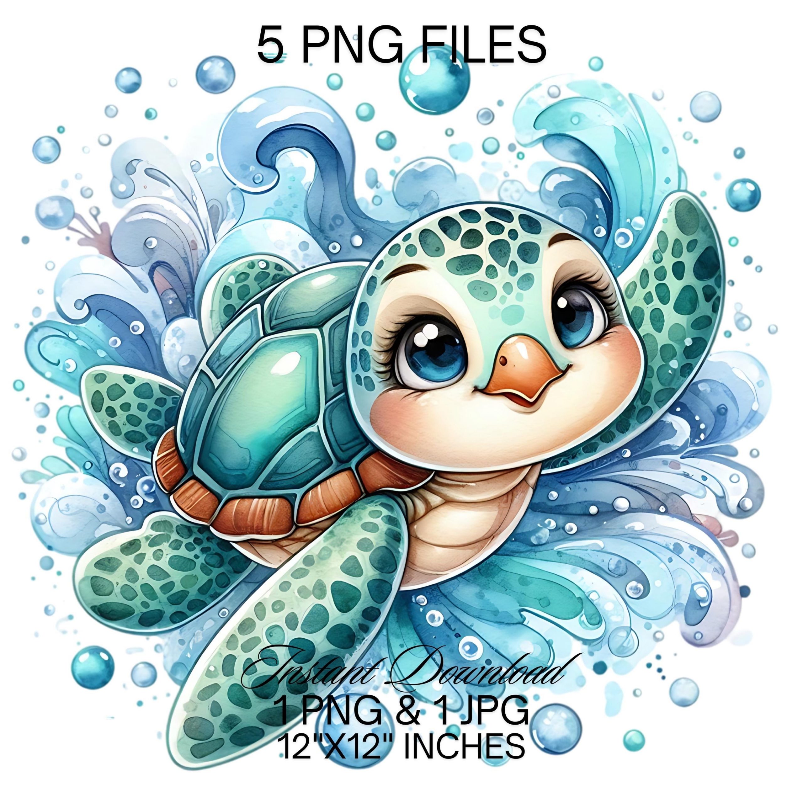 Sea Turtle PNG Clipart | 5 PNG 5 JPG | Cute Sea Turtle with Flowers & Bubbles | Ocean Animal Turtle | Sea Life – Sublimation, Commercial Use – Instant Digital Download