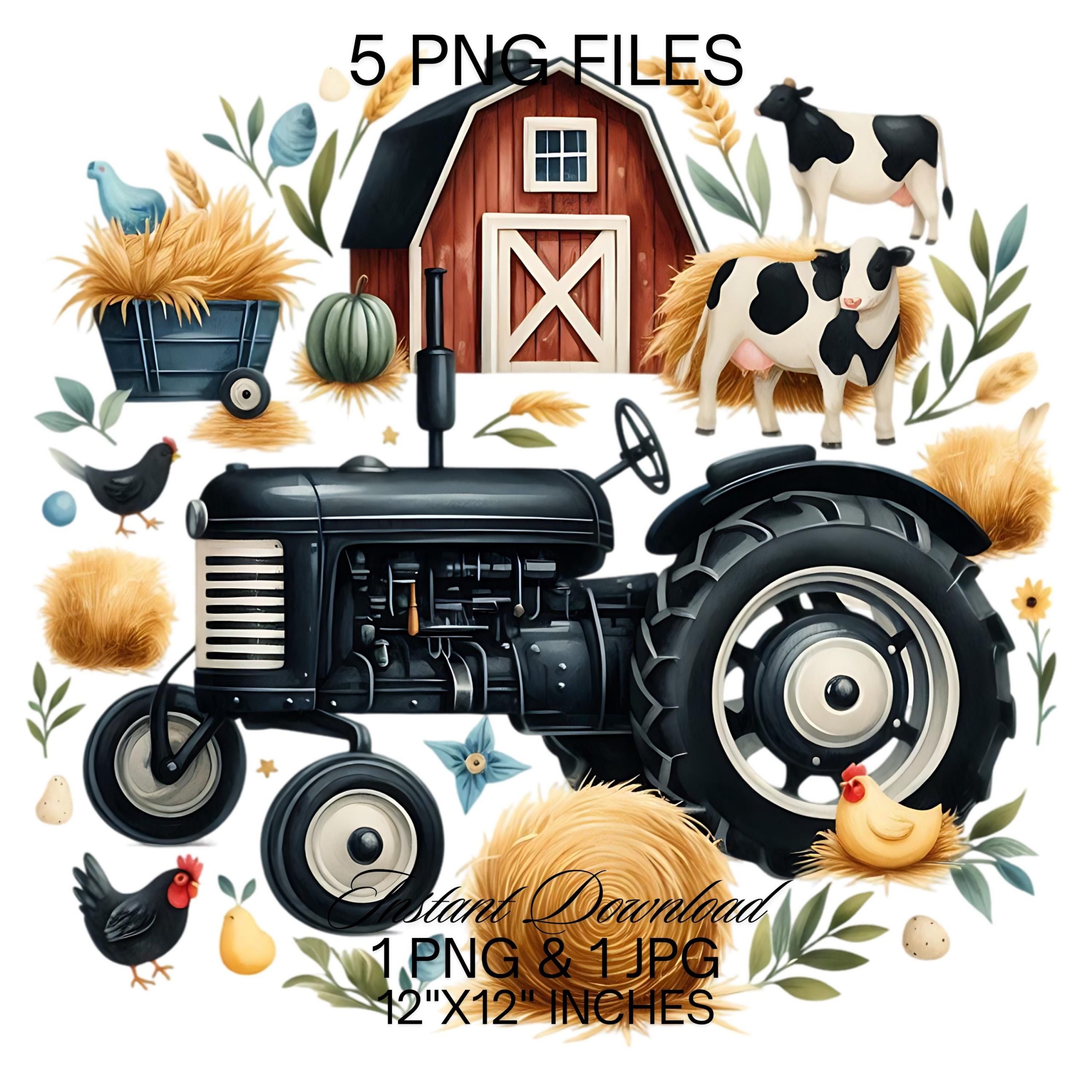 Farm Tractor PNG Clipart | 5 Watercolor Black Tractor Clipart for Boy Nursery Decor | Farming Vehicles Sublimation Desing Commercial Use – Instant Digital Download