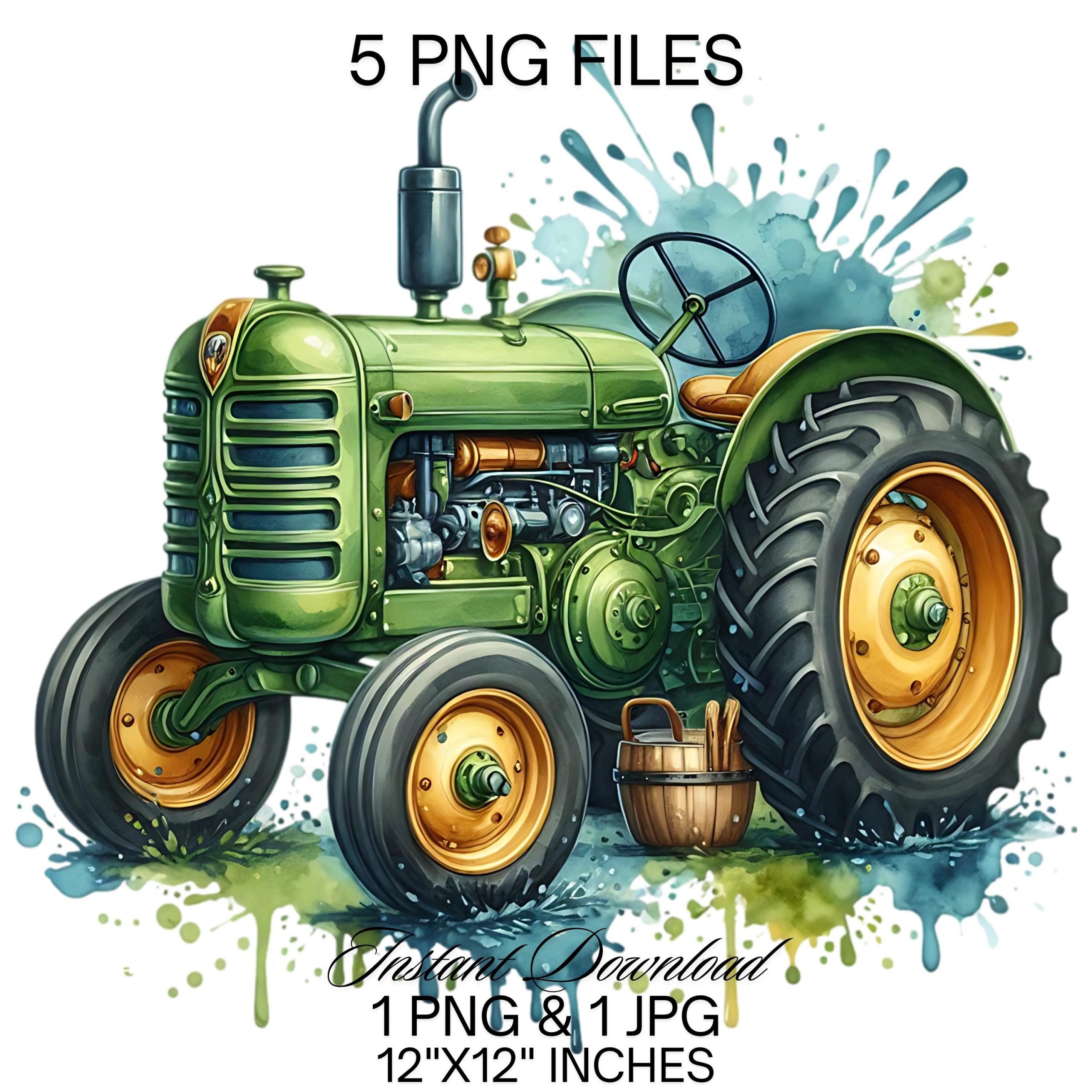 Farm Tractor Watercolor PNG | 5 Green Tractor Clipart Boy Nursery Décor Farm Tractor Farming Vehicles Watercolor Illustration Commercial Use – Instant Digital Download
