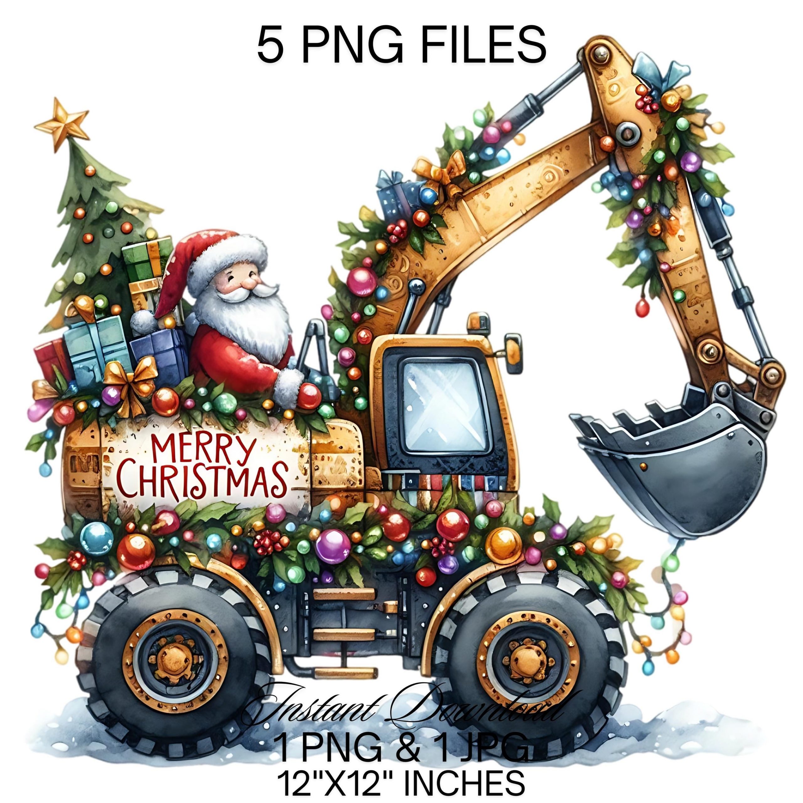 Merry Christmas Excavator PNG Clipart | Watercolor Construction Truck for Boys | Santa Excavator Truck Vehicle Cars PNG Commercial Use – Instant Digital Download