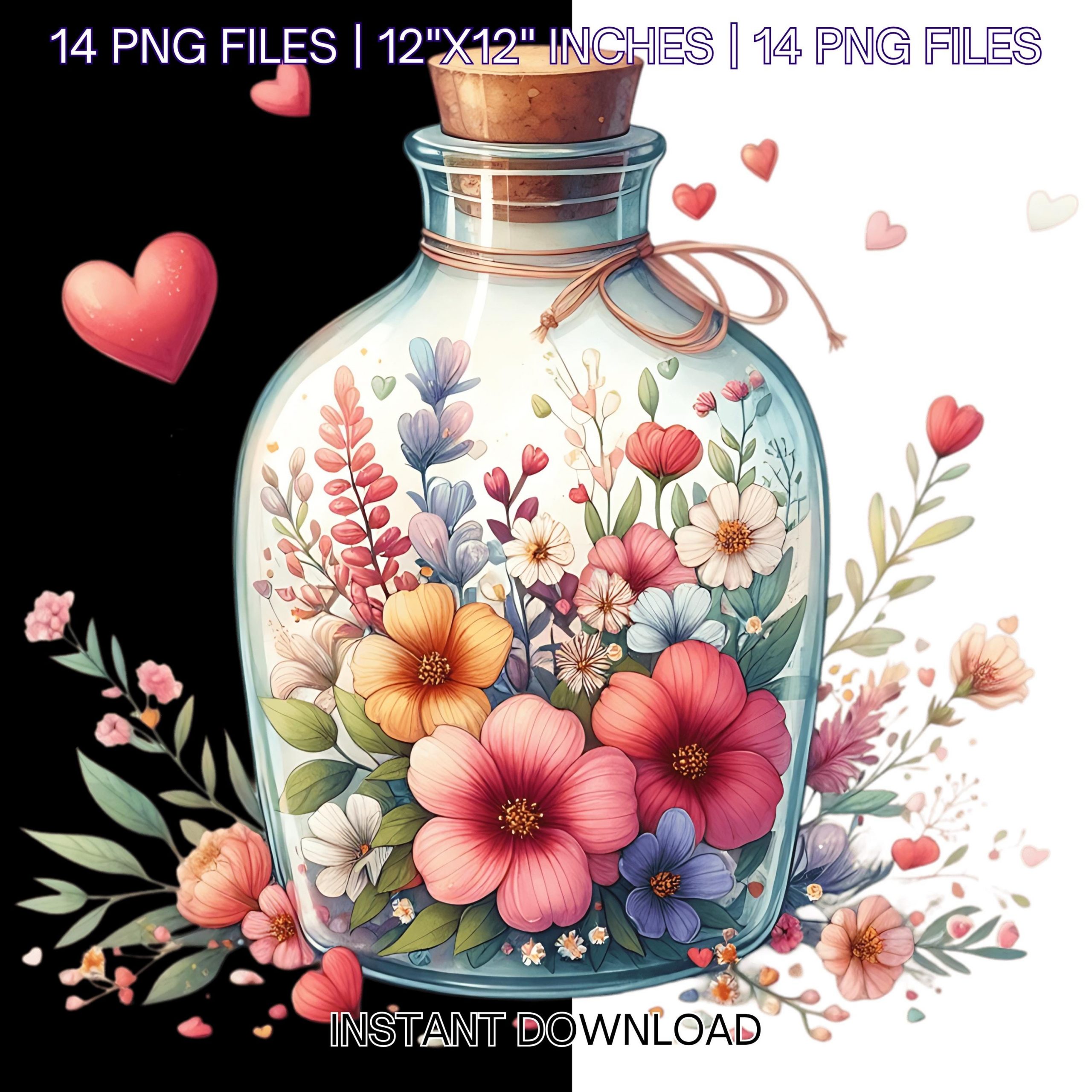 Floral Love Bottle Clipart | 14 Watercolor Hearts Clipart High-Quality JPGs, PNGs Digital Download | Paper Craft Junk Journal Commercial Use – Instant Digital Download