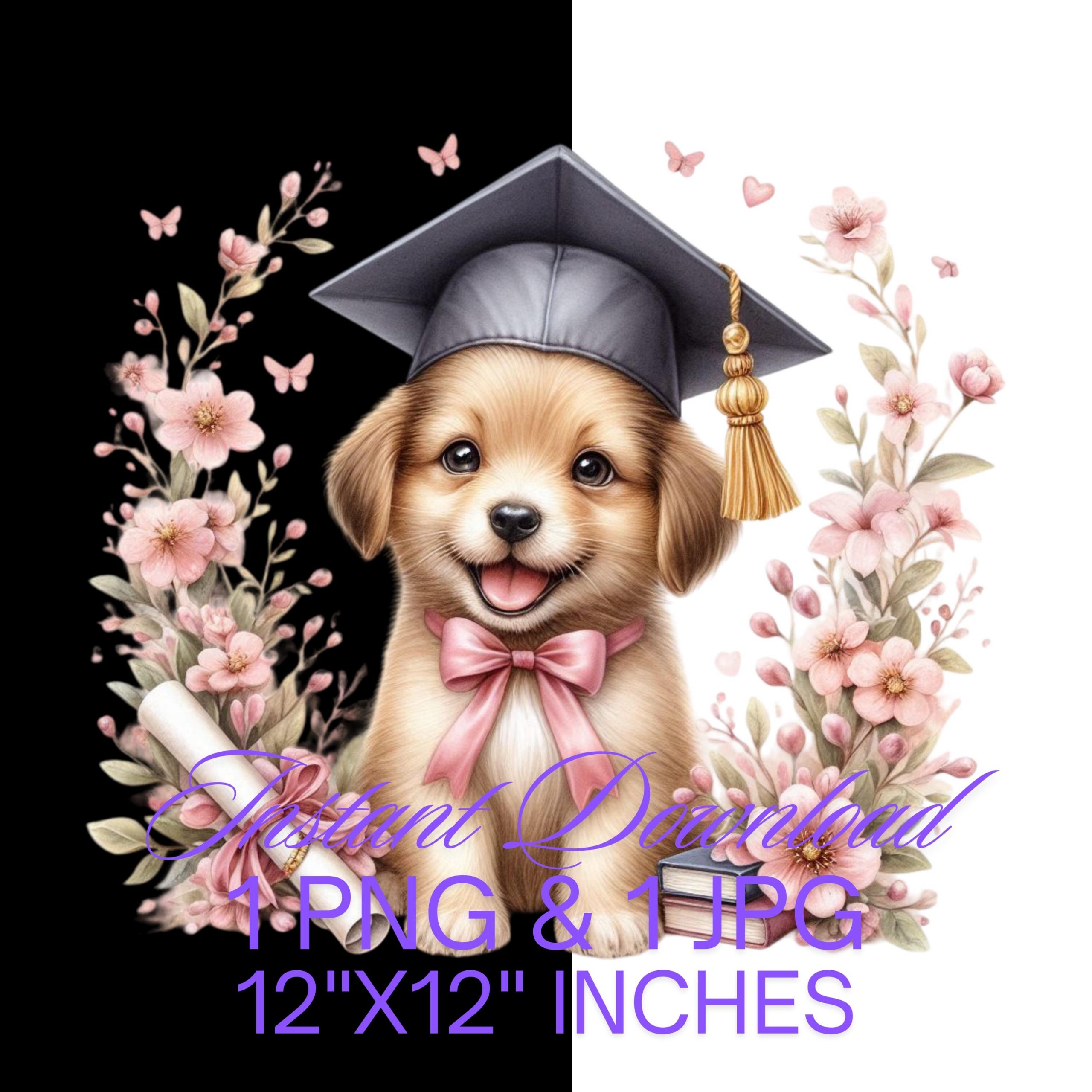 Graduation Cream Dog Clipart Grad Student | PET Puppy PNG College Graduate Sublimation | Doggy & Cap, Gold Tassel, Flowers Commercial Use – Instant Digital Download