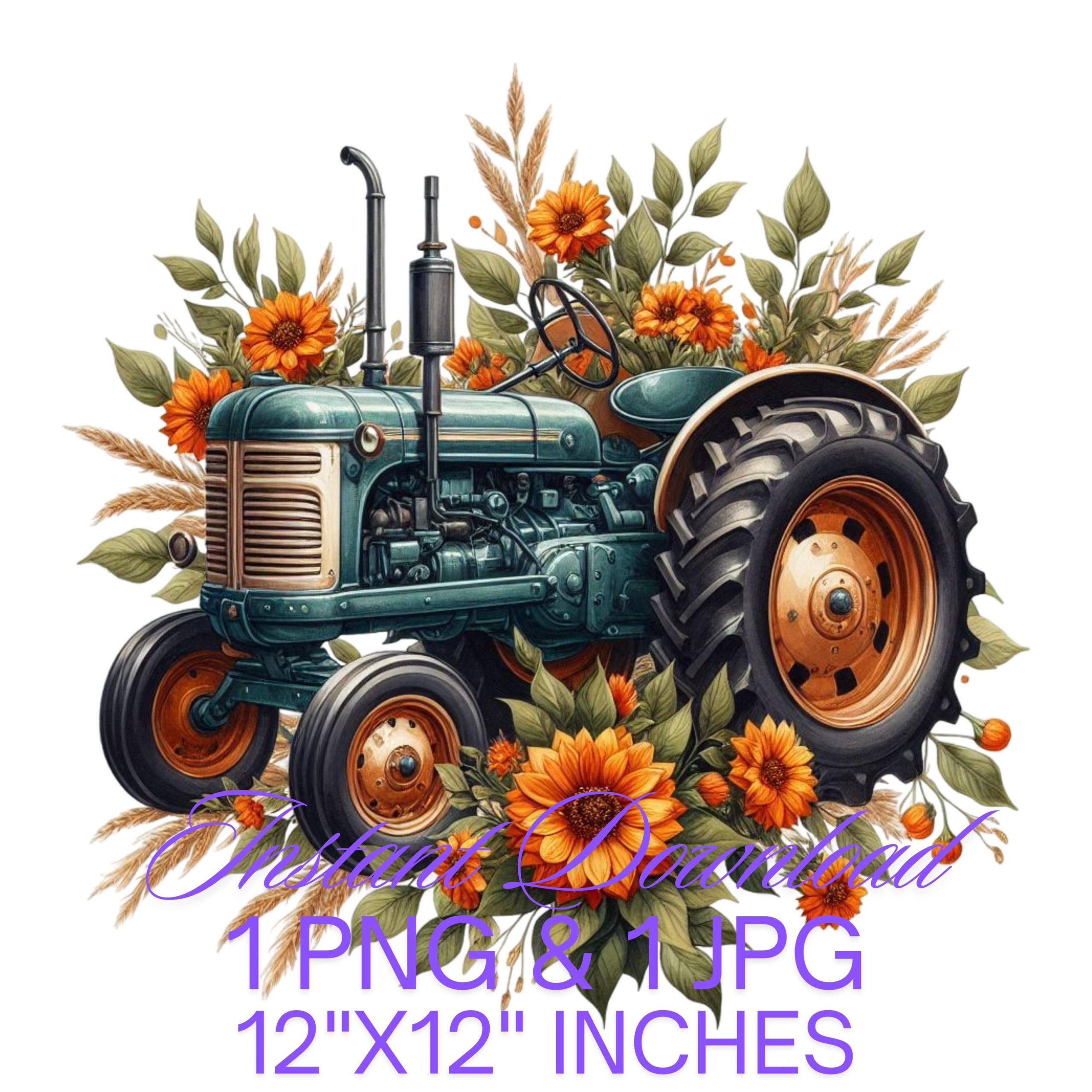 Old Farm Tractor Clipart PNG | Watercolor Tractor with Orange Flowers | Rustic Farming Vehicle Art | Farm Tractor for Commercial Use – Instant Digital Download