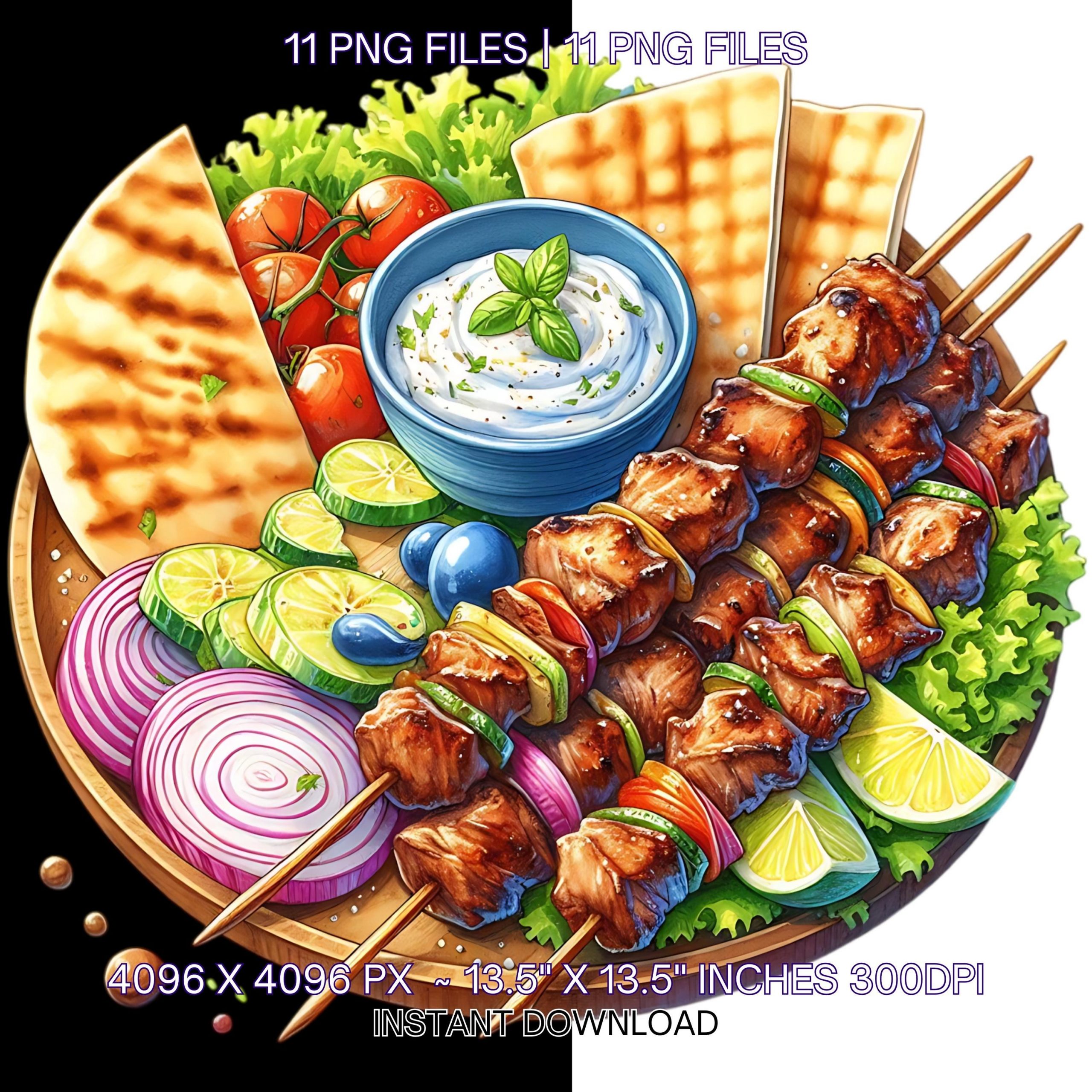 11 Greek Food Illustration PNG | Watercolour Food Transparent Clipart | Greek Salad, Souvlaki, Gyro, Tzatziki Food JPGs PNGs Commercial Use – Instant Digital Download