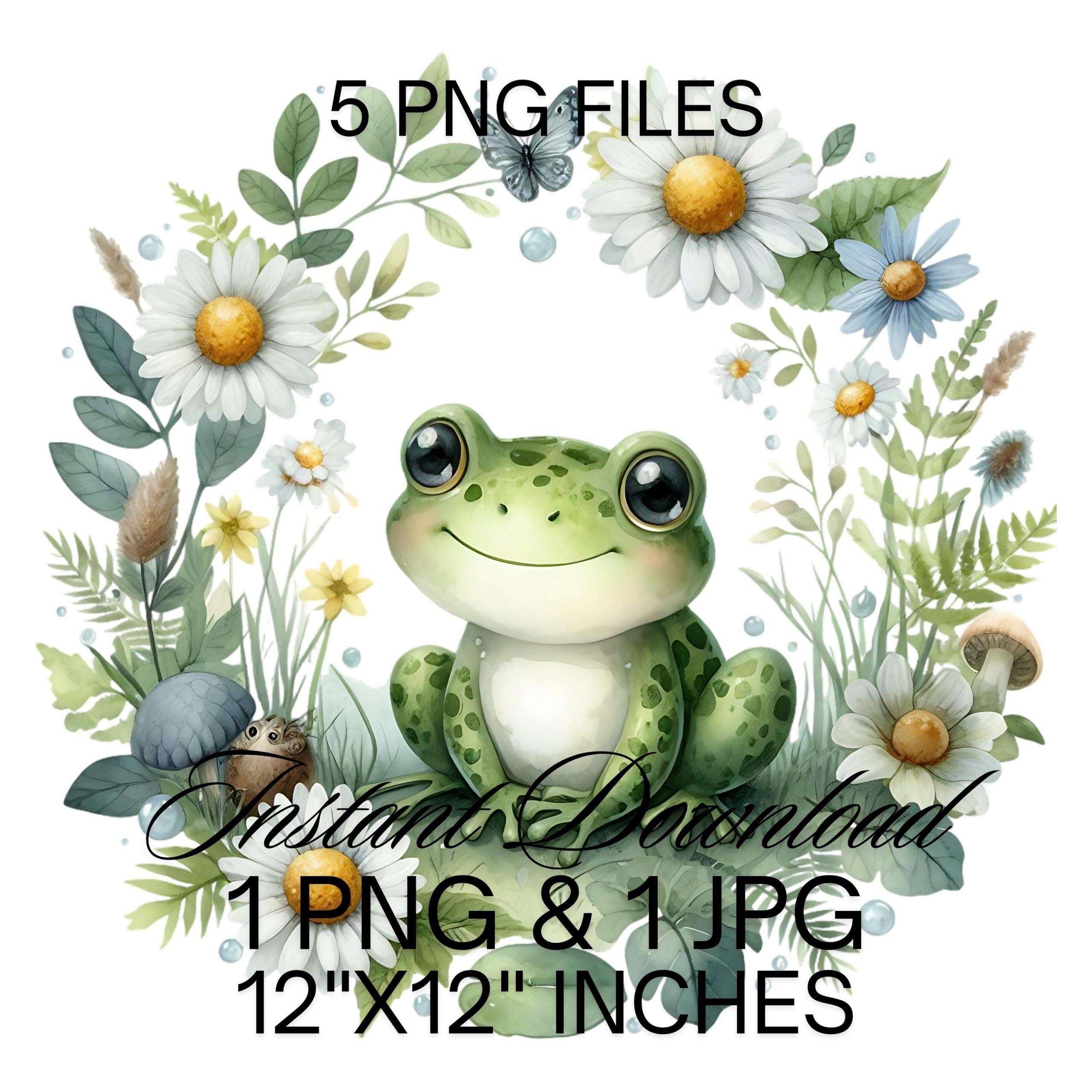 Frog Clipart PNG | Cute Frog with Spring Daisy Flowers Frame | Woods Forest Animals Water Aquatic 5 PNG – 5 JPG Sublimation Commercial Use – Instant Digital Download