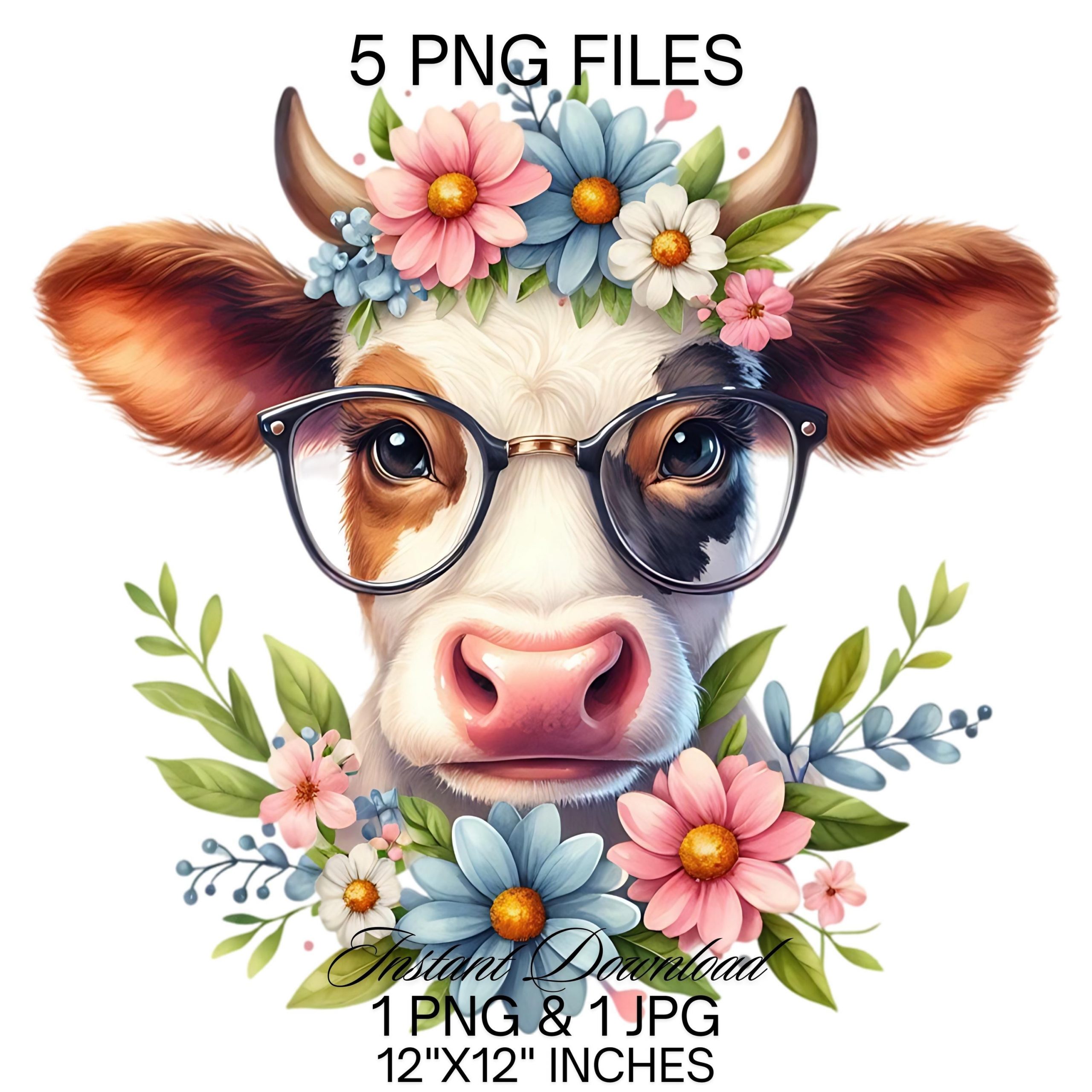 Cute Dairy Cow & Glasses Watercolor Clipart PNG | Farm Baby Cow Spring Flowers Graphic Design Illustration | Funny Cattle Commercial Use – Instant Digital Download