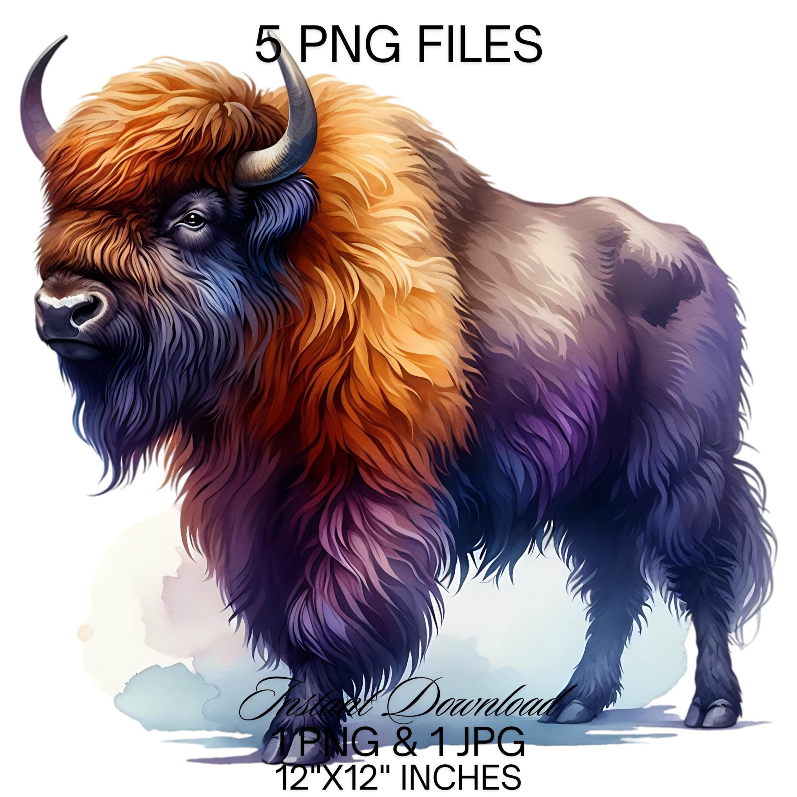 American Bison PNG Clipart | 5 Watercolor Majestic Bison Clipart Bundle | Wildlife Art Printables | 12×12 inches 300DPI Commercial Use – Instant Digital Download