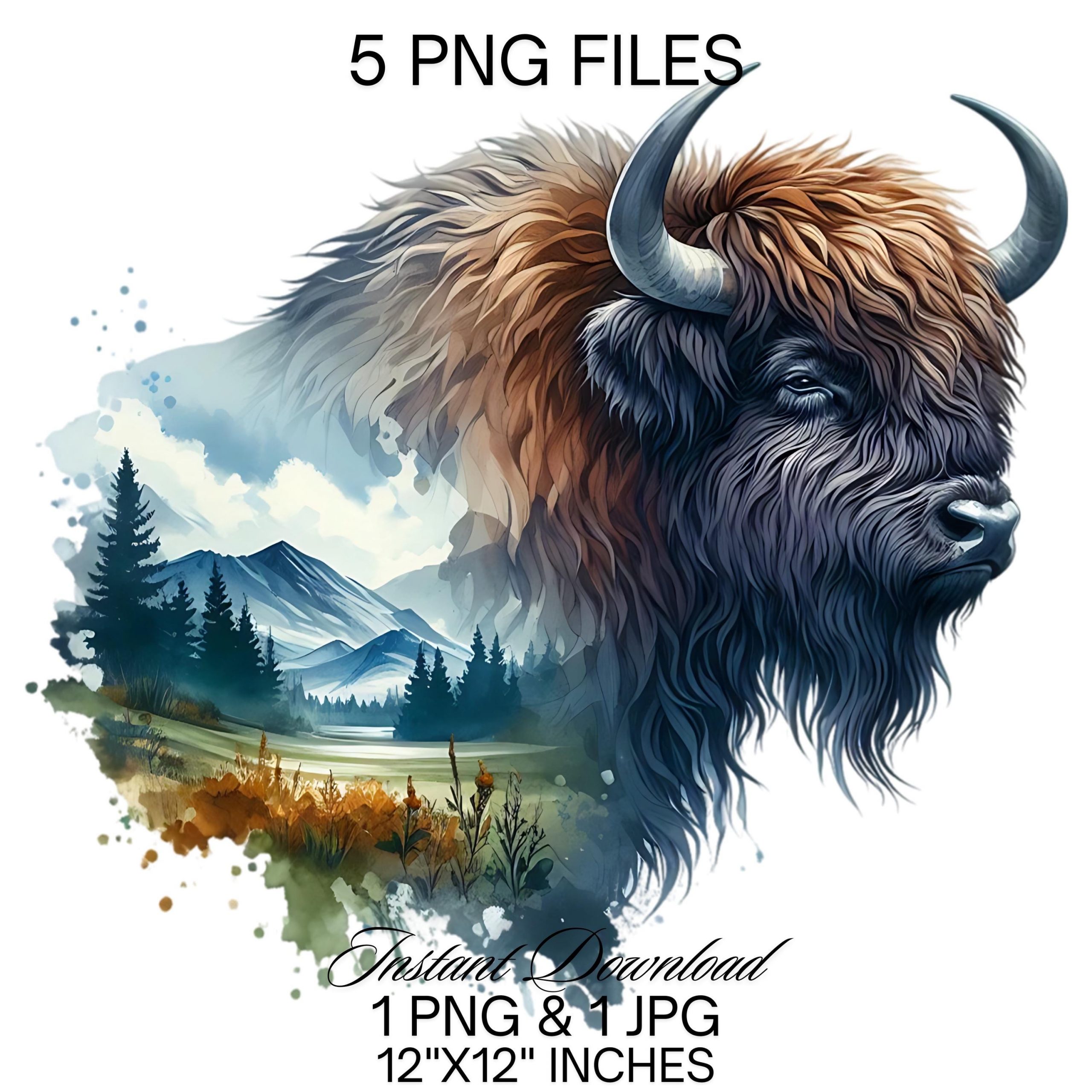 North America Bison Clipart PNG | 5 Watercolor Western Bison PNG Bundle | Wildlife Bison Cactus Art 12×12 inches 300DPI Commercial Use – Instant Digital Download