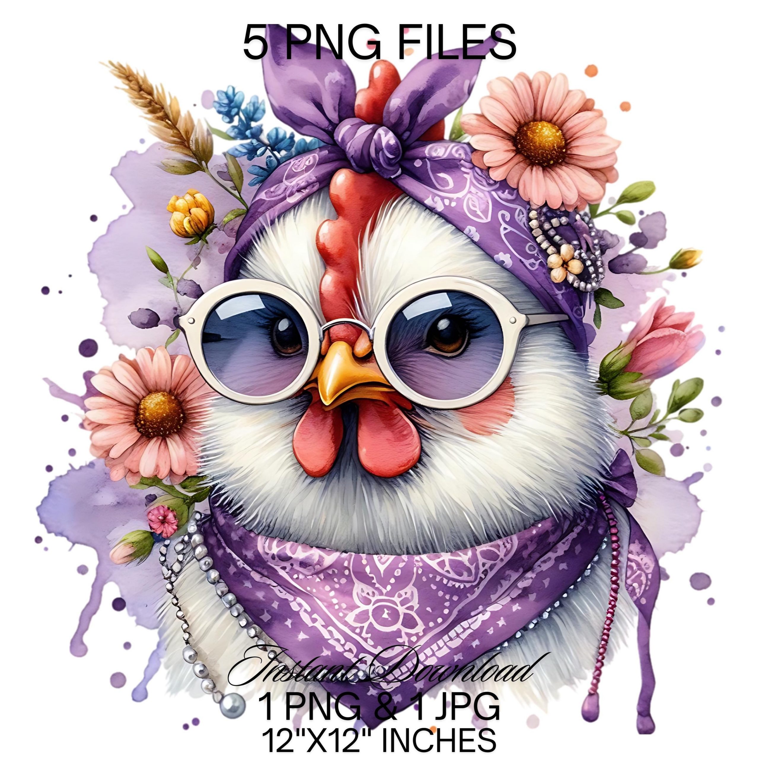 Funny Chicken PNG Clipart | Cute Crazy Hen Sublimation | Chicken Chick Wearing Purple Sunglasses Scarf Pearls | Farm Life Commercial Use – Instant Digital Download