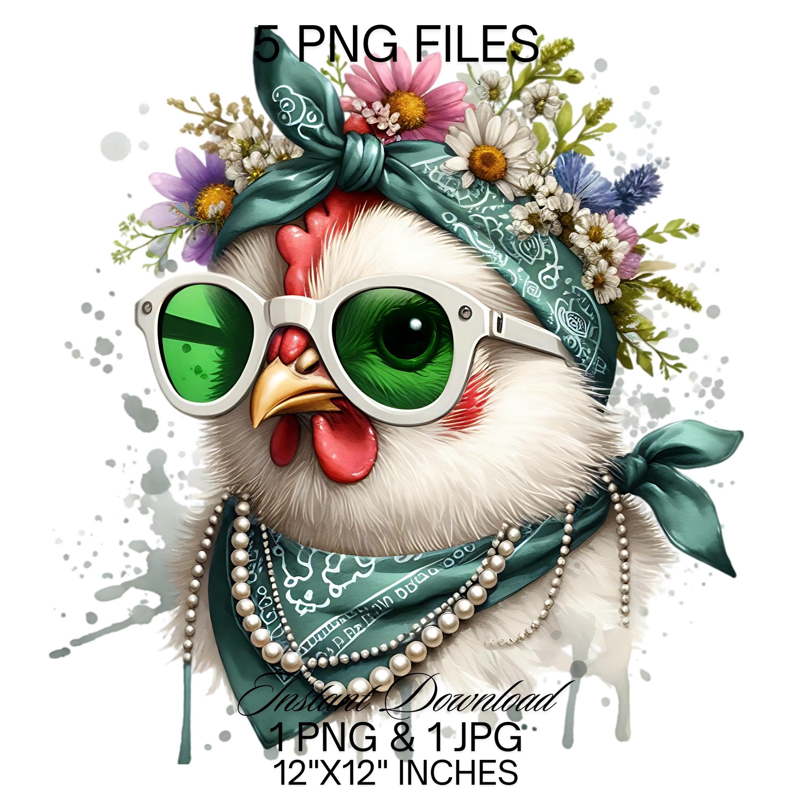 Funny Crazy Chicken PNG Clipart | Cute Hen Sublimation | Chicken Chick Wearing Green Sunglasses Scarf Pearls | Farm Life Commercial Use – Instant Digital Download