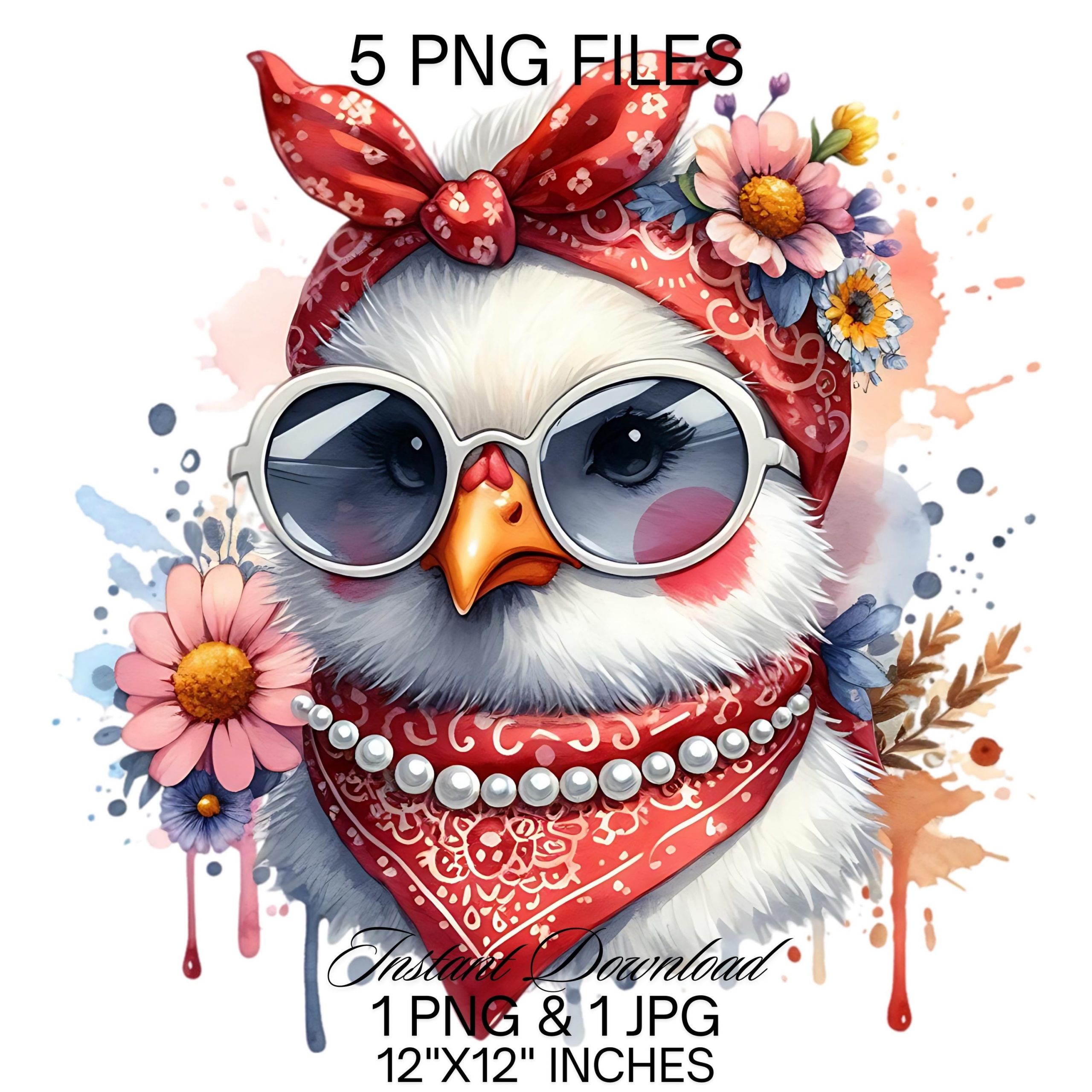 Funny Crazy Chicken PNG Clipart | Cute Hen Sublimation | Chicken Chick Wearing Red Sunglasses, Pink Scarf Pearls | Farm Life Commercial Use – Instant Digital Download