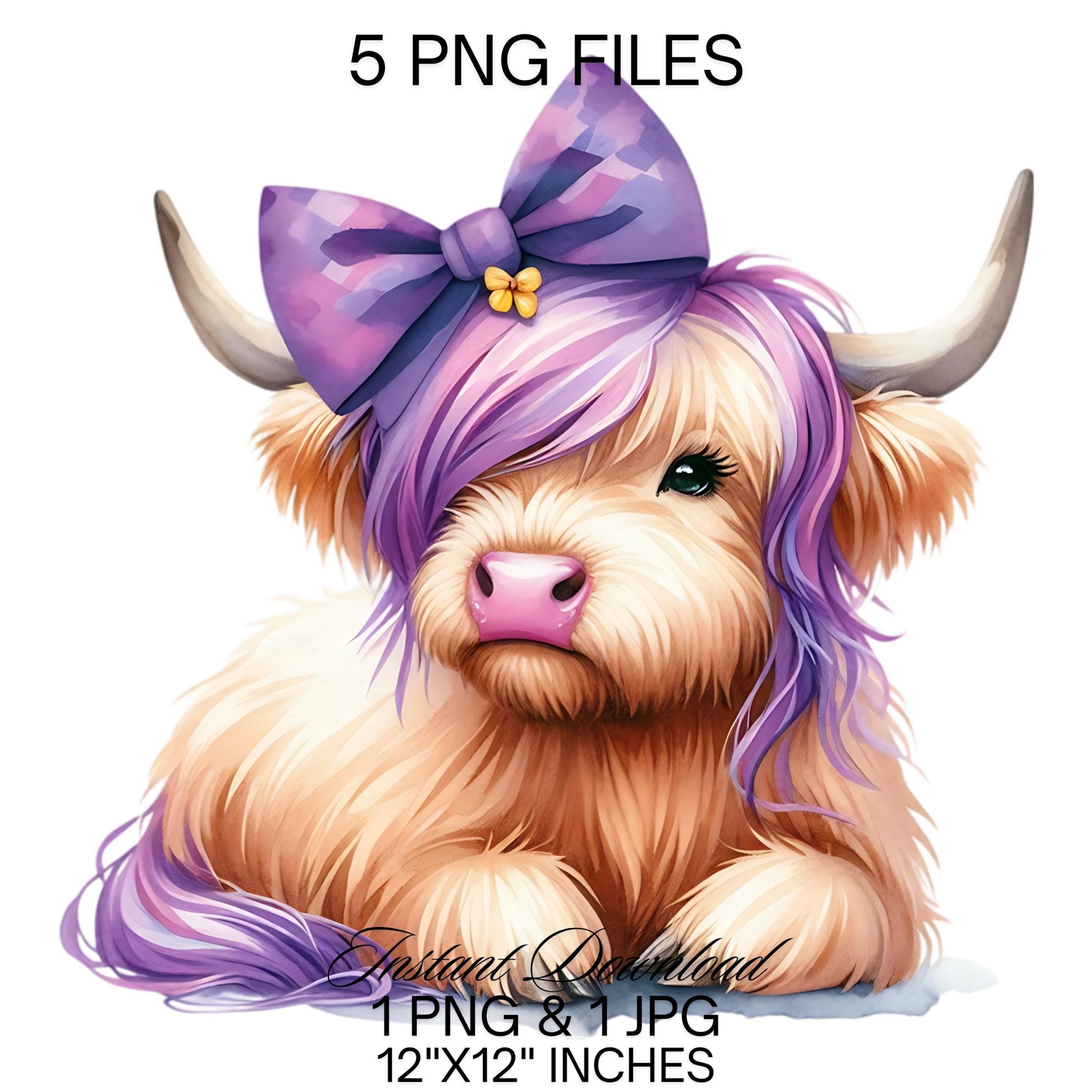 Highland Cow Watercolor Clipart PNG | 5 Mountains Highland Cattle Purple Hair Bow Commercial Use | Scottish Cow Illustration Commercial Use – Instant Digital Download
