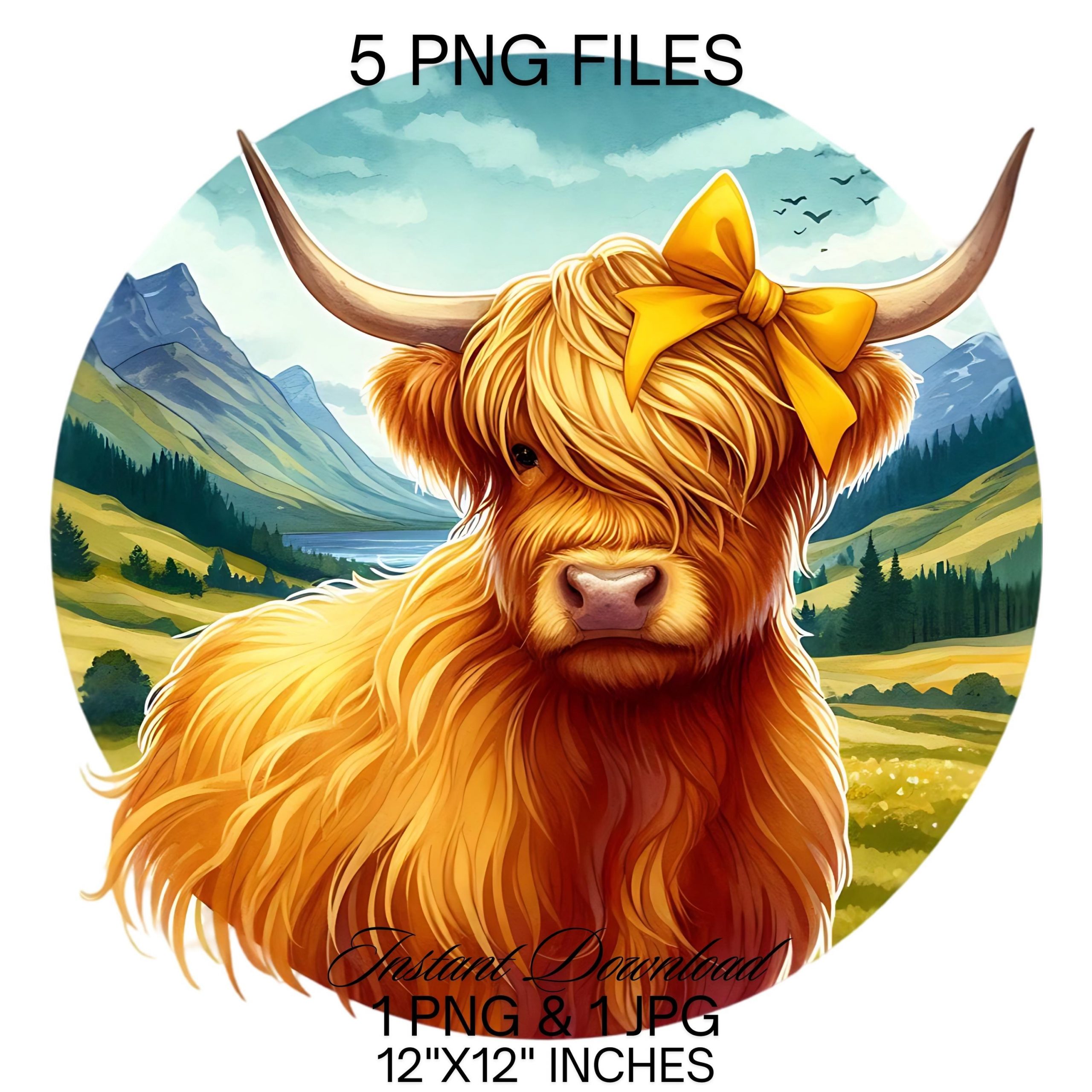 Highland Cow Watercolor Clipart PNG | 5 Mountains Highland Cattle Yellow Hair Bow Commercial Use | Scottish Cow Illustration Commercial Use – Instant Digital Download