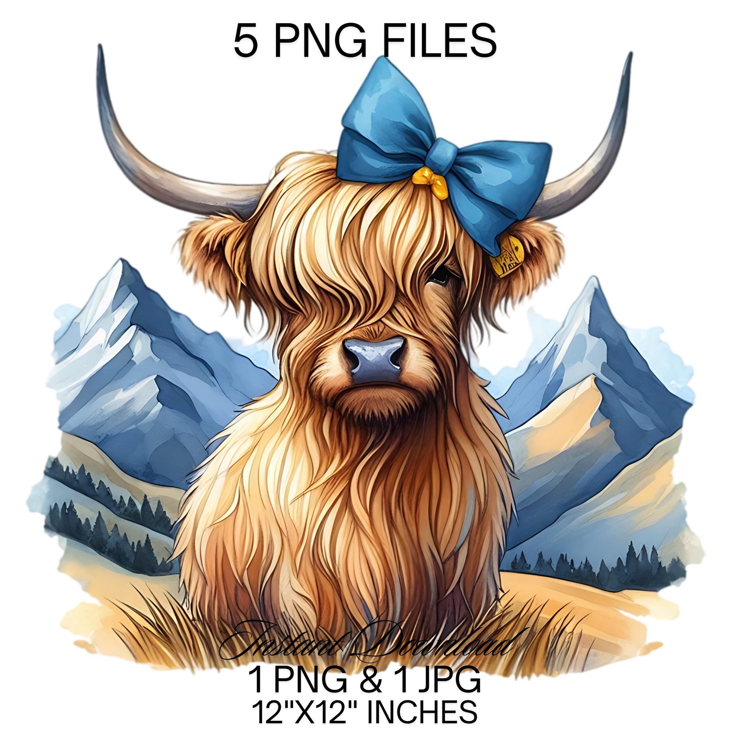 Highland Cow Watercolor Clipart PNG | 5 Mountains Highland Cattle Blue Hair Bow Commercial Use | Scottish Cow Illustration Commercial Use – Instant Digital Download