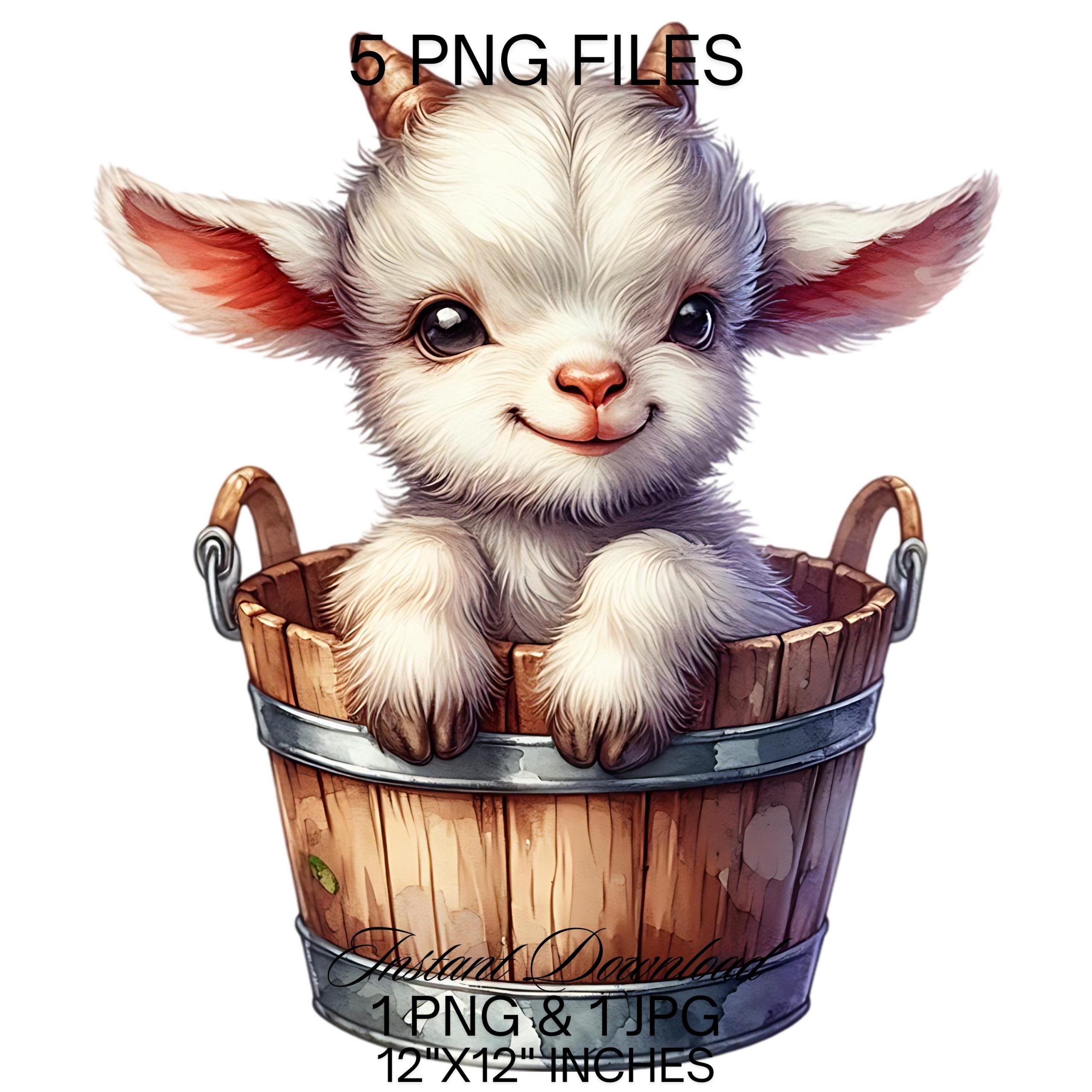 Baby Goat in a Bucket Watercolor Clipart PNG | Cute White Goat & Bucket PNG Commercial Use | Kid Goat Farm Animals Graphics Illustration PNG – Instant Digital Download
