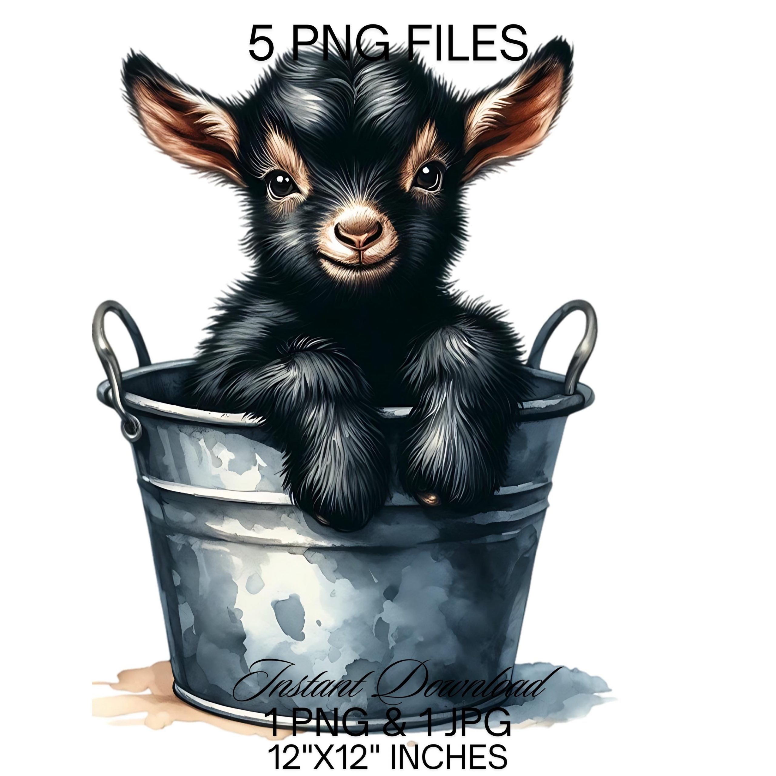 Baby Goat in a Bucket Watercolor Clipart PNG | Cute Black Goat & Bucket PNG Commercial Use | Kid Goat Farm Animals Graphics Illustration PNG – Instant Digital Download