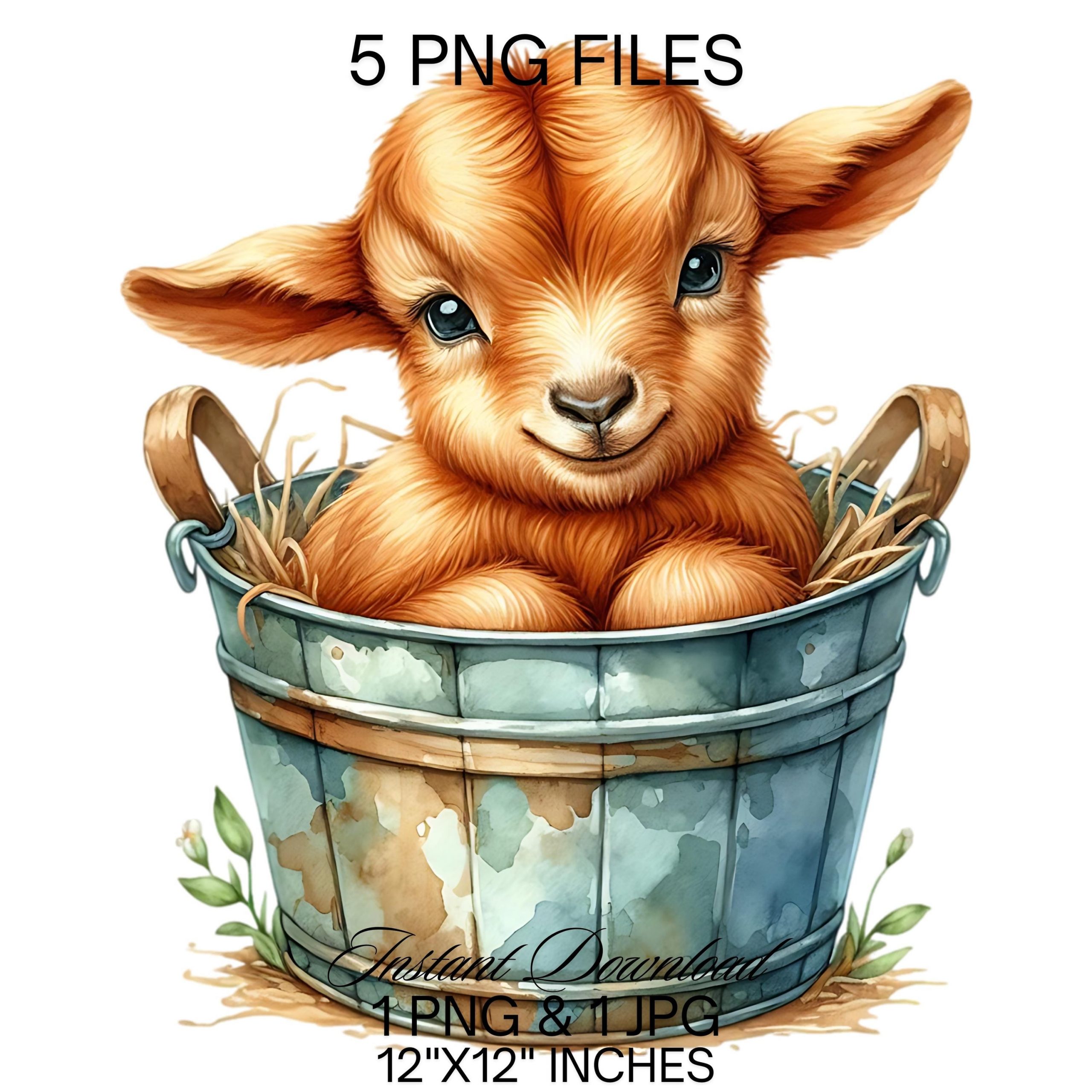 Baby Goat in a Bucket Watercolor Clipart PNG | Cute Orange Goat & Bucket PNG Commercial Use | Kid Goat Farm Animals Graphics Illustration – Instant Digital Download