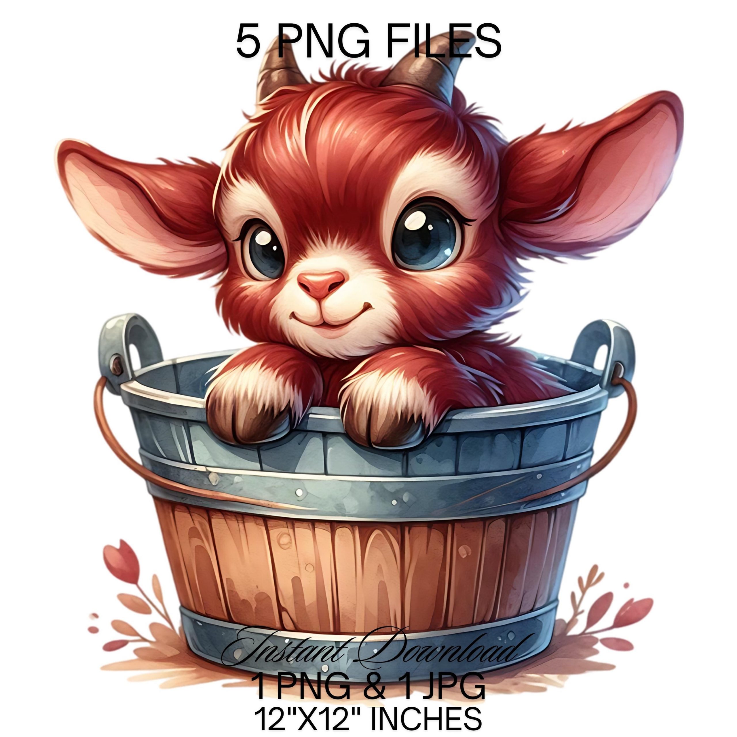 Baby Goat in a Bucket Clipart | 5 PNG & 5 JPG Cute Brown Farm Goat Watercolor Art | Farm Animal Sublimation | Commercial Use – Instant Digital Download
