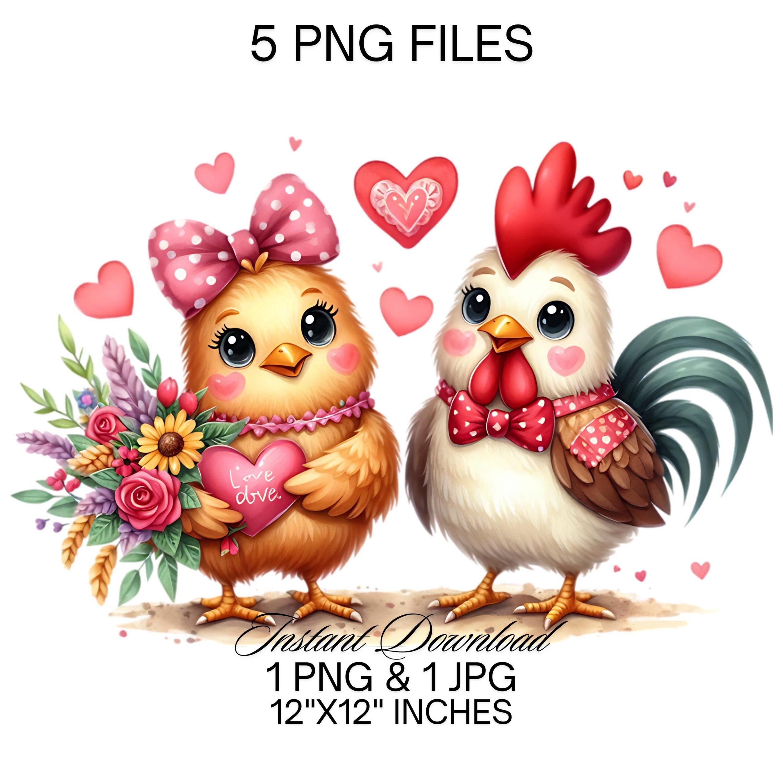 Farm  Chickens Family Clipart | Hen & Rooster PNG | Valentine’s Day Chicken in Love Sublimation | Love Birds | Farm Life Couples Commercial – Instant Digital Download