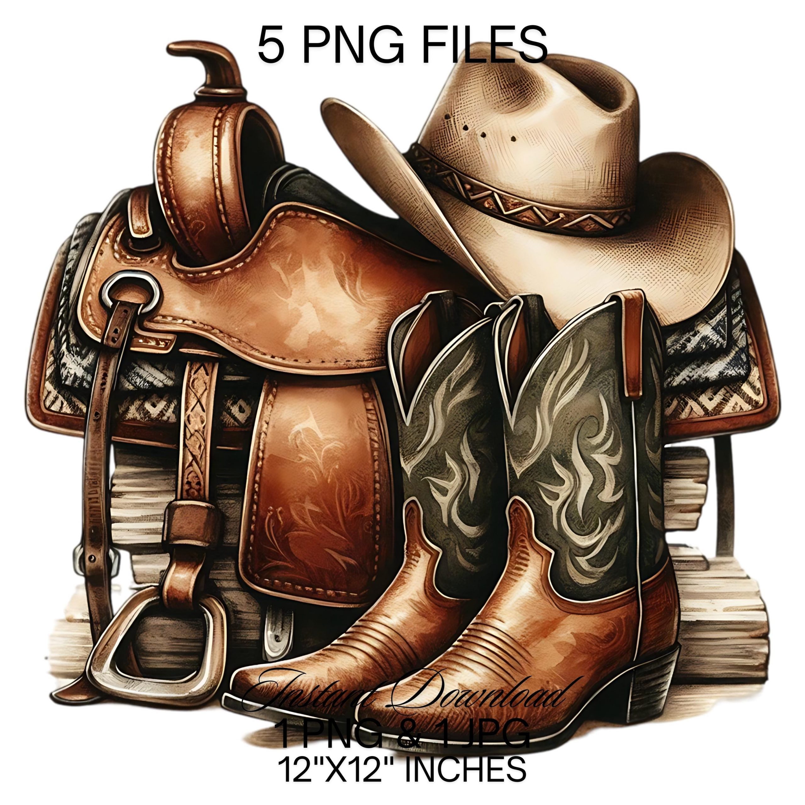 Cowboy Boots Hat & Horse Saddle Clipart PNG | 5 Watercolor Country Cowboy Goods Sublimation | Country Boy Things Illustration Commercial use – Instant Digital Download