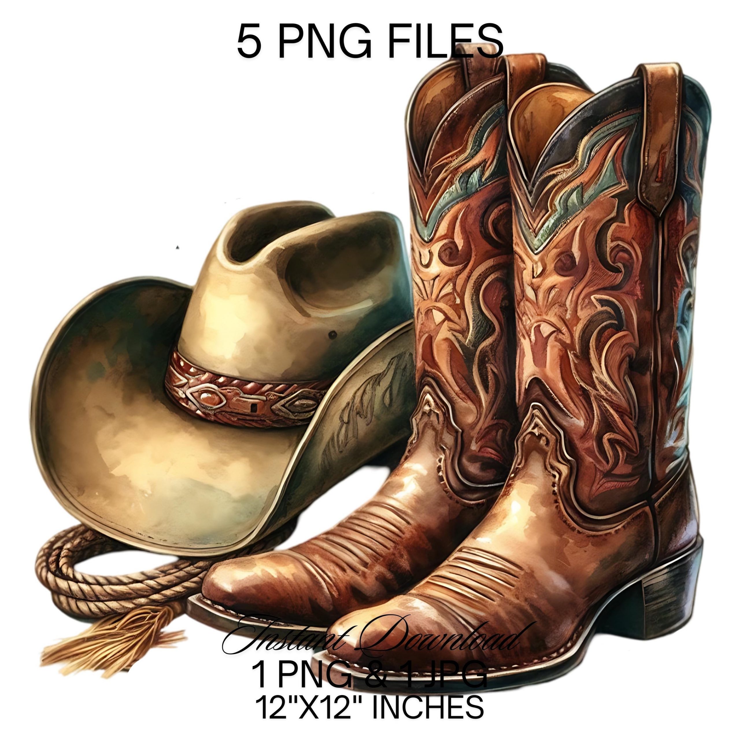 Cowboy Rodeo Boots & Hat Watercolor PNG Clipart | 5 Country Cowboy Good Sublimation Designs | Country Boy Things Illustration Commercial Use – Instant Digital Download