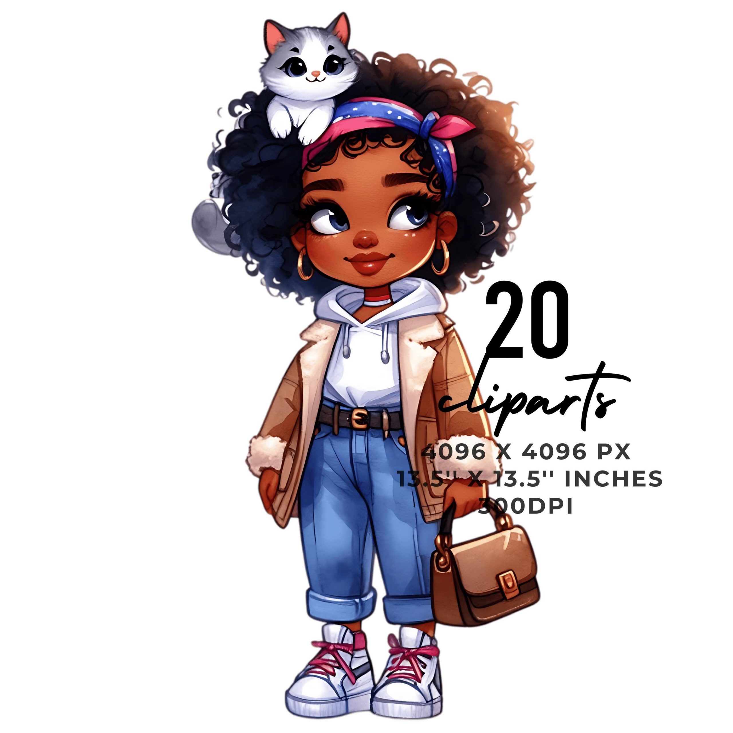 20 Quirky Girl Clipart | Quirky Black Girl with Pet PNG | Whimsical Ephemera Watercolor Girl Holding Cat | Junk Journal Paper Commercial Use – Instant Digital Download