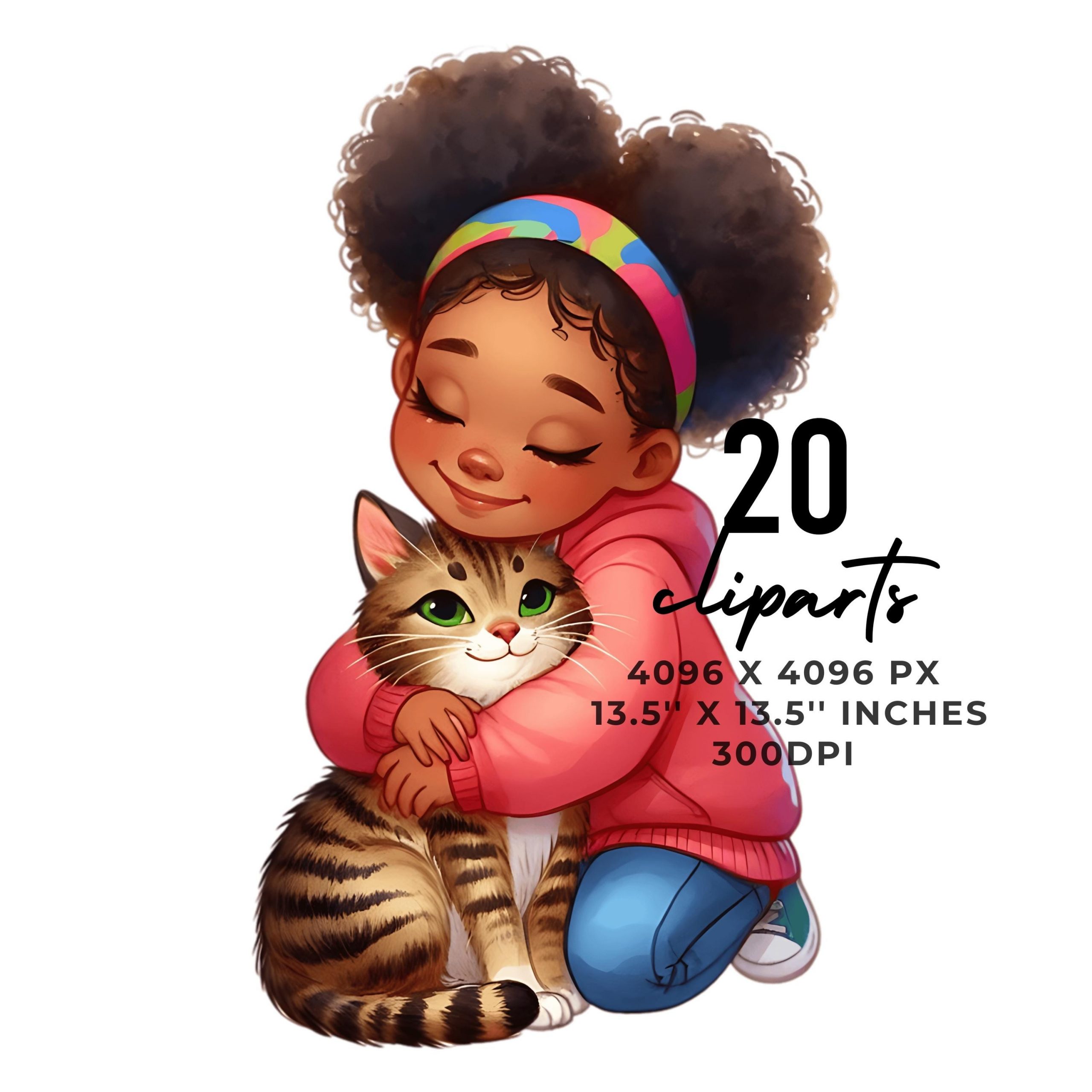 Quirky Girl Holding Cat Clipart Bundle | Whimsical Black Girl with Pet Cat | Watercolor Ephemera | 20 PNG 20 JPG Junk Journal Commercial Use – Instant Digital Download