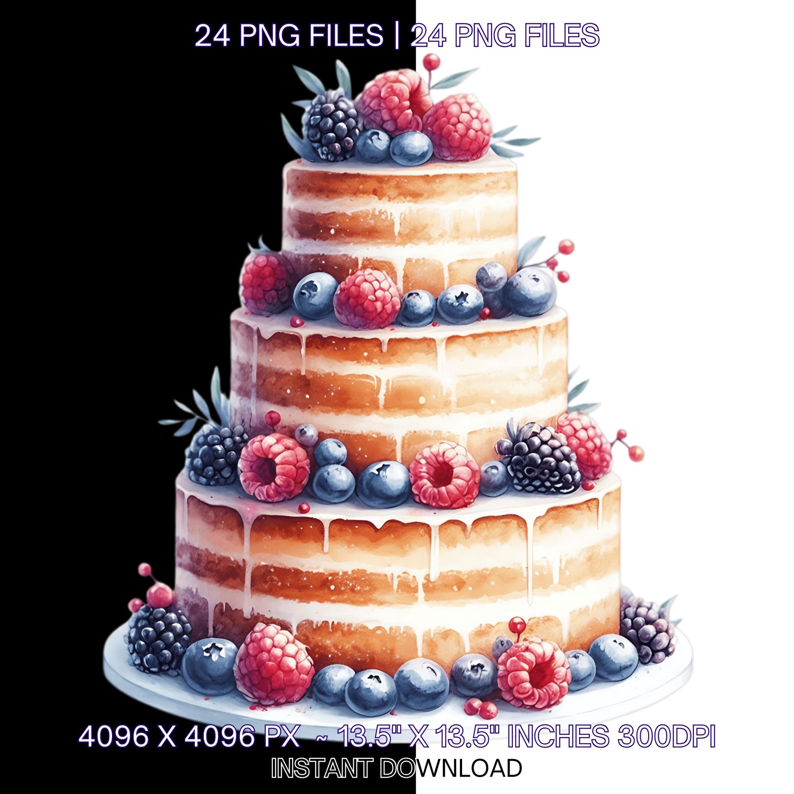 24 Wedding Cake PNG Clipart | Floral Cake Clipart | Fruit Chocolate Cake Watercolor High-Quality PNGs Paper crafts Journaling Commercial Use – Instant Digital Download
