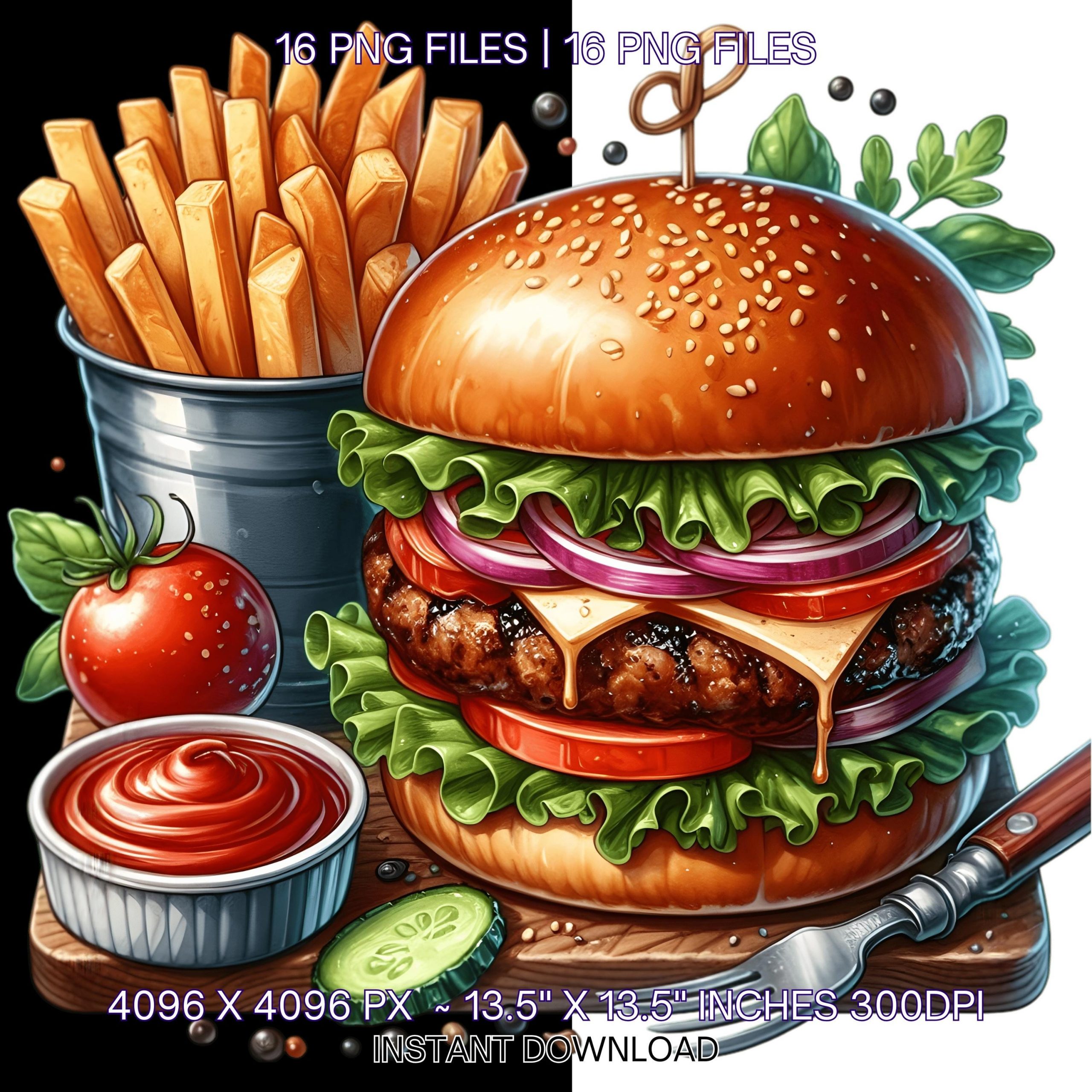 16 Burger and Fries | Fast Food Clipart | Backyard BBQ Grill | Watercolor American Culture PNGs JPGs Bundle Digital Download Commercial Use – Instant Digital Download
