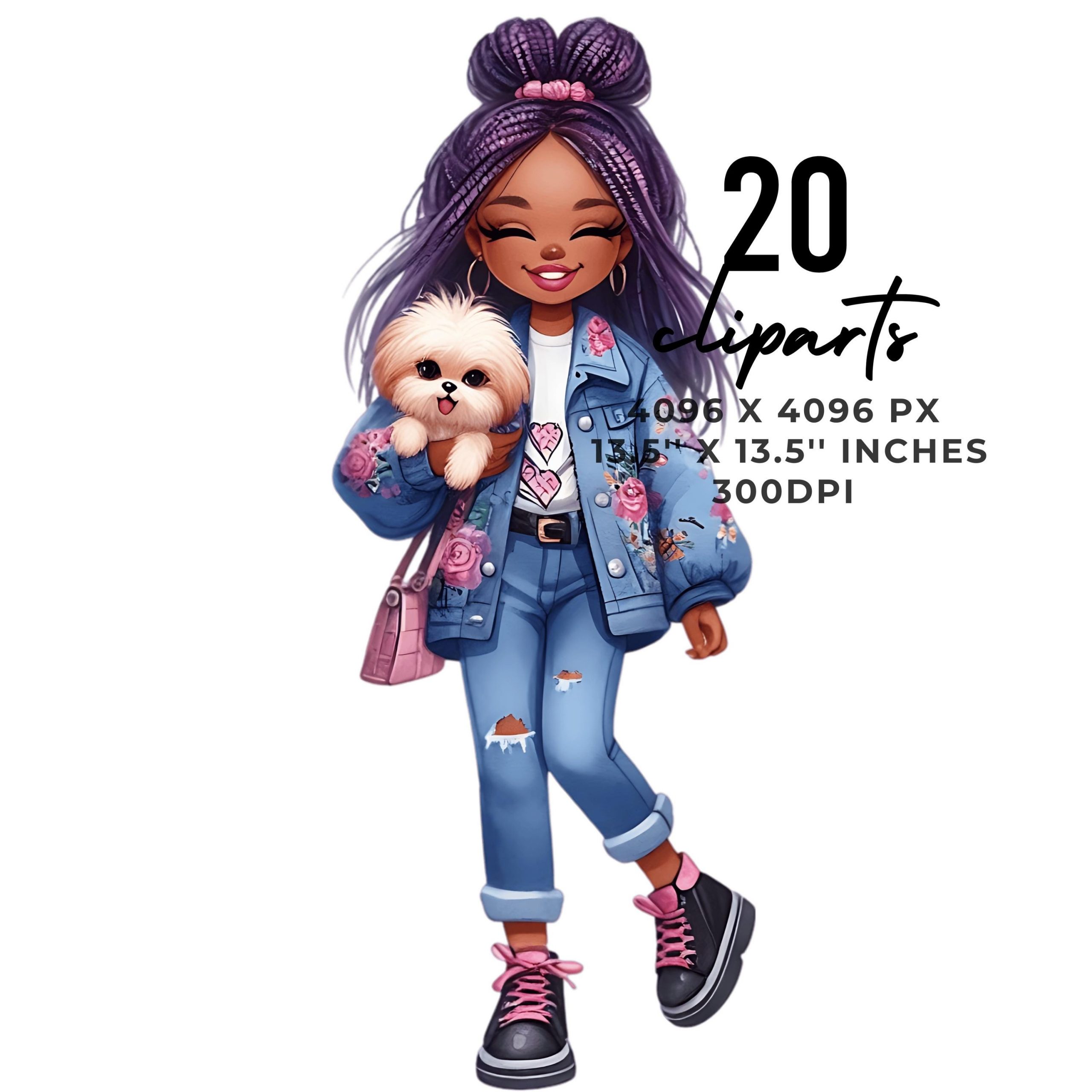 20 Quirky Girl Clipart | Quirky Black Girl with Pet PNG | Whimsical Ephemera Watercolor Girl Holding Dog | Junk Journal Paper Commercial Use – Instant Digital Download