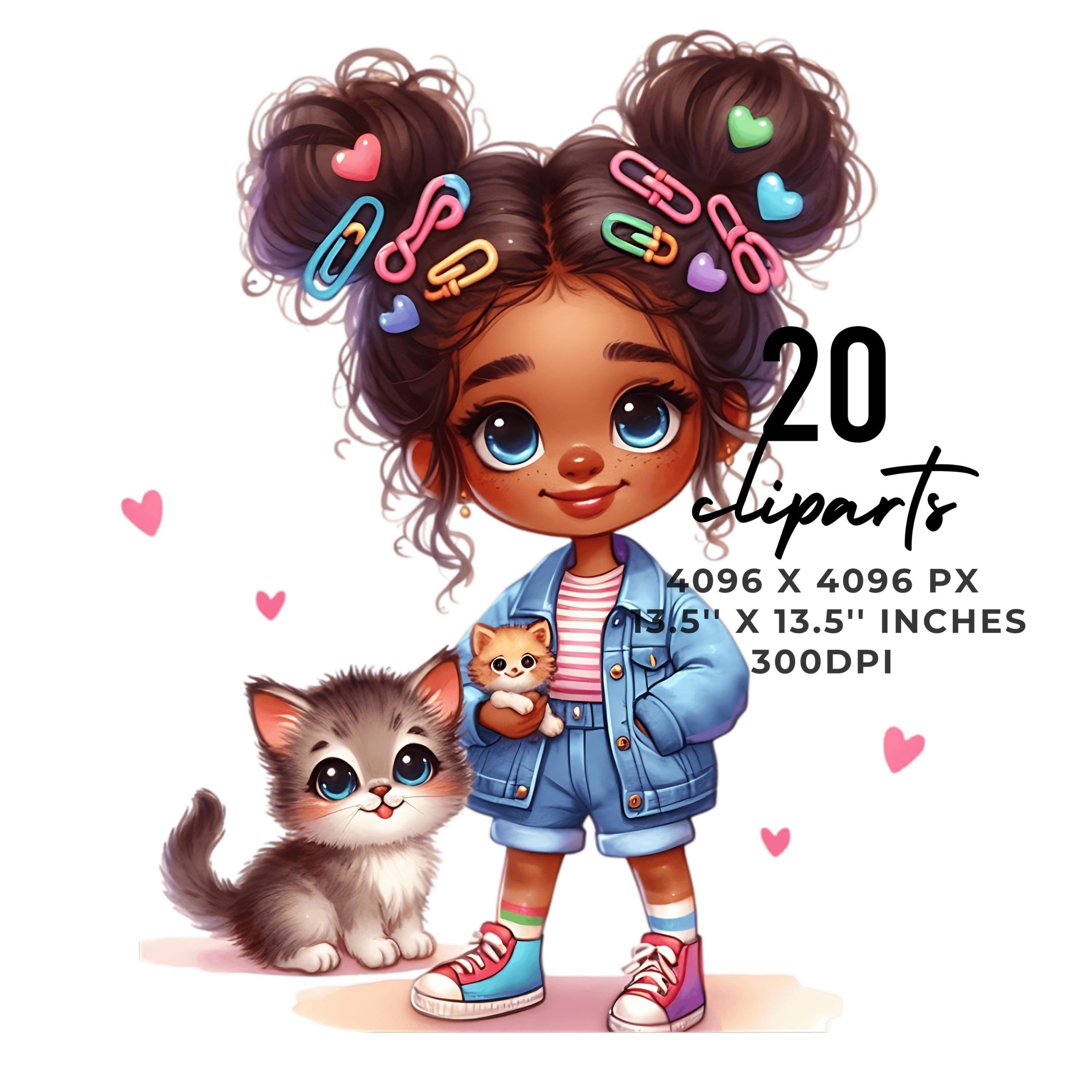 20 Quirky Girl Clipart | Quirky Black Girl with Pet PNG | Whimsical Ephemera Watercolor Girl Holding Cat | Junk Journal Paper Commercial Use – Instant Digital Download